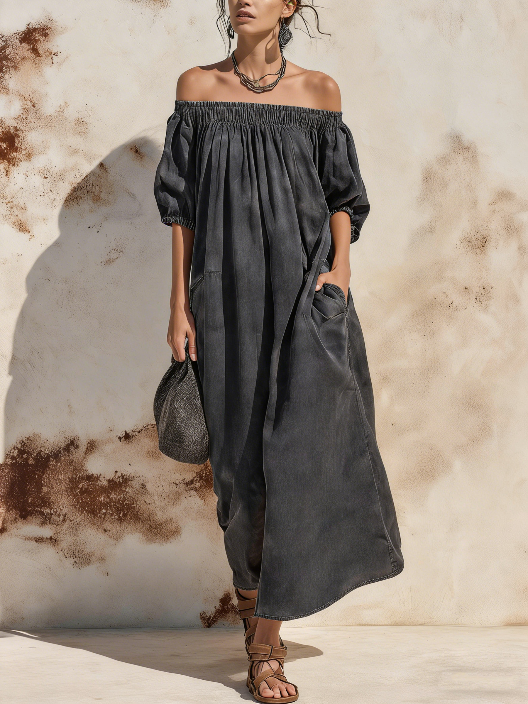 Off-the-Shoulder Puff Sleeve Denim Maxi Dress With Patch Pockets