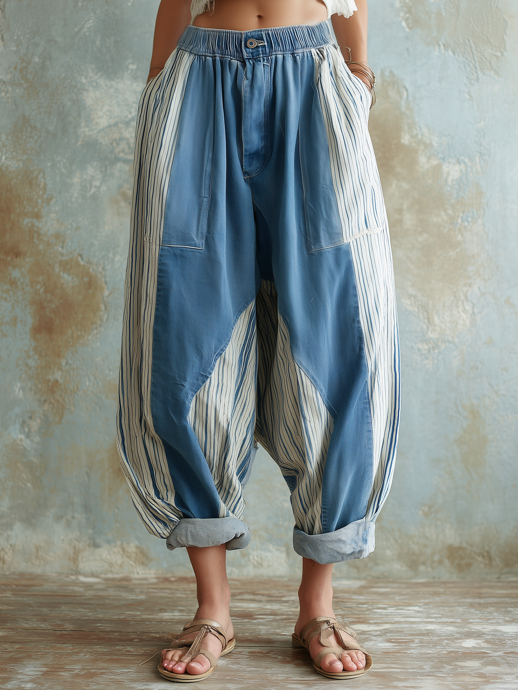 Patchwork Striped Denim Harem Pants
