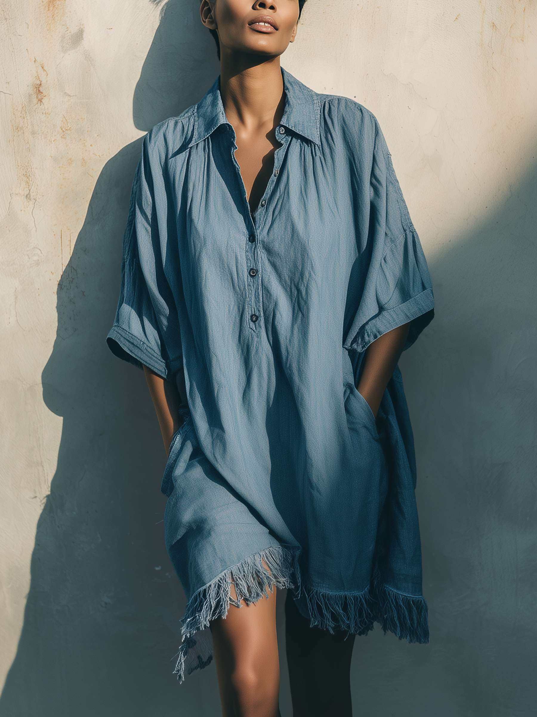 Light Blue Tencel Denim Fringe Hem Shirt Dress