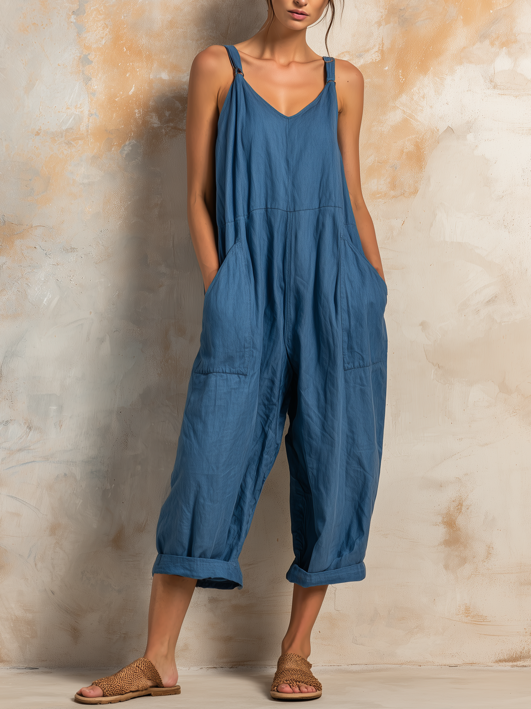 Tencel Denim V-Neck Sleeveless Jumpsuit With Pockets | Casual Wide-Leg Overalls