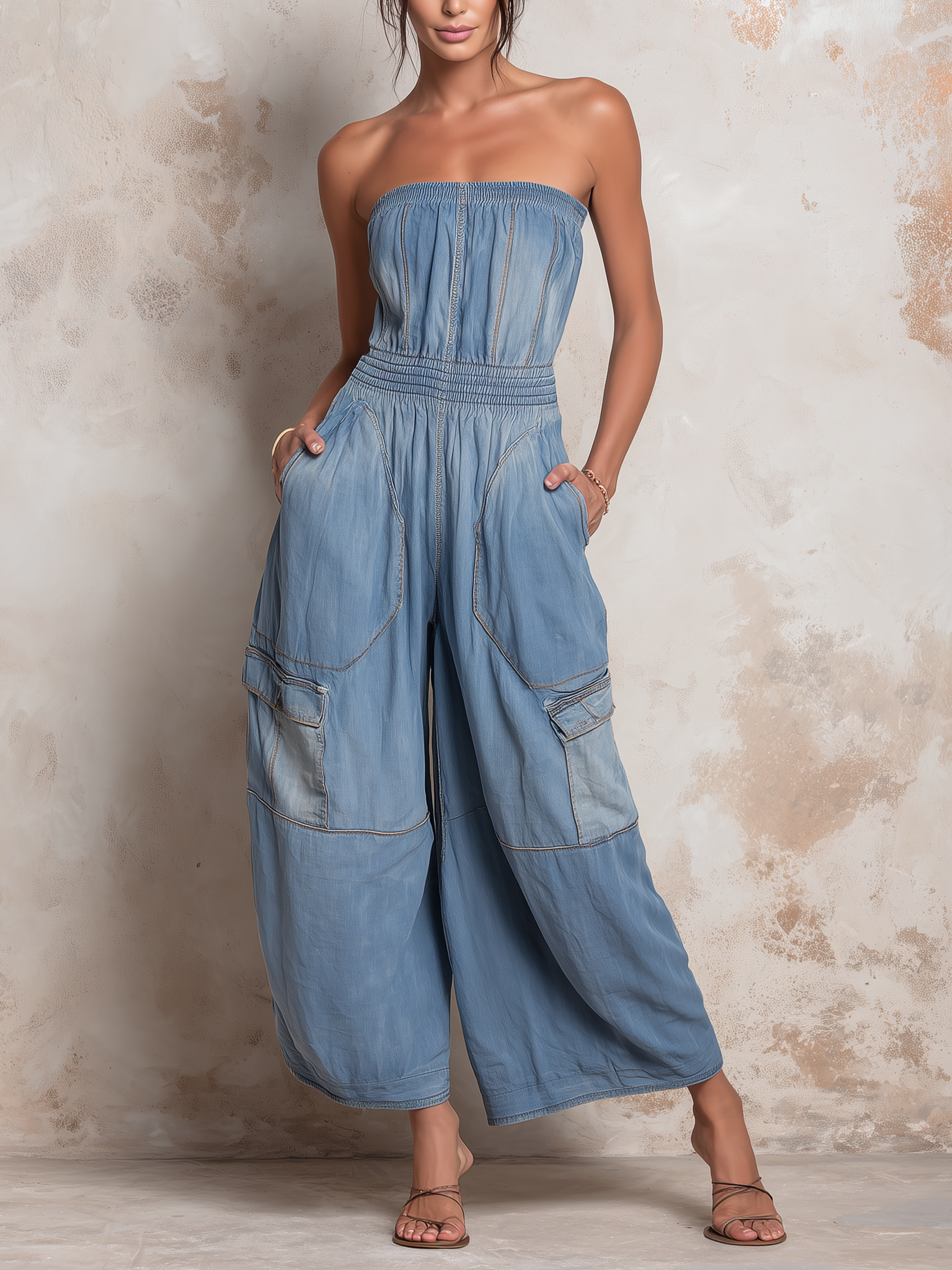 Tencel Denim Strapless Wide-Leg Cargo Jumpsuit | Casual Utility One-Piece