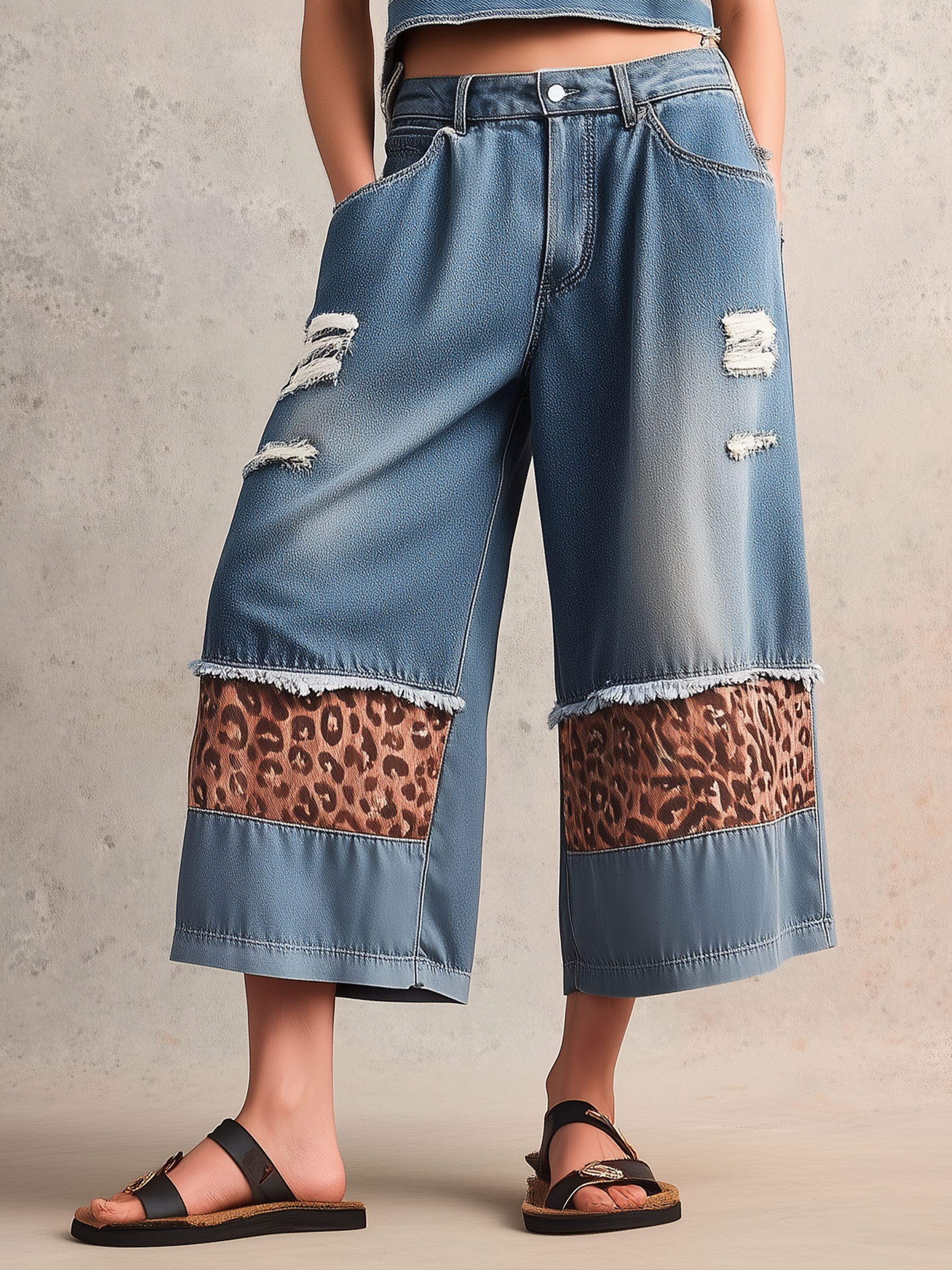 Denim Wide-Leg Culottes With Leopard Print Patchwork | Vintage Streetwear Jeans
