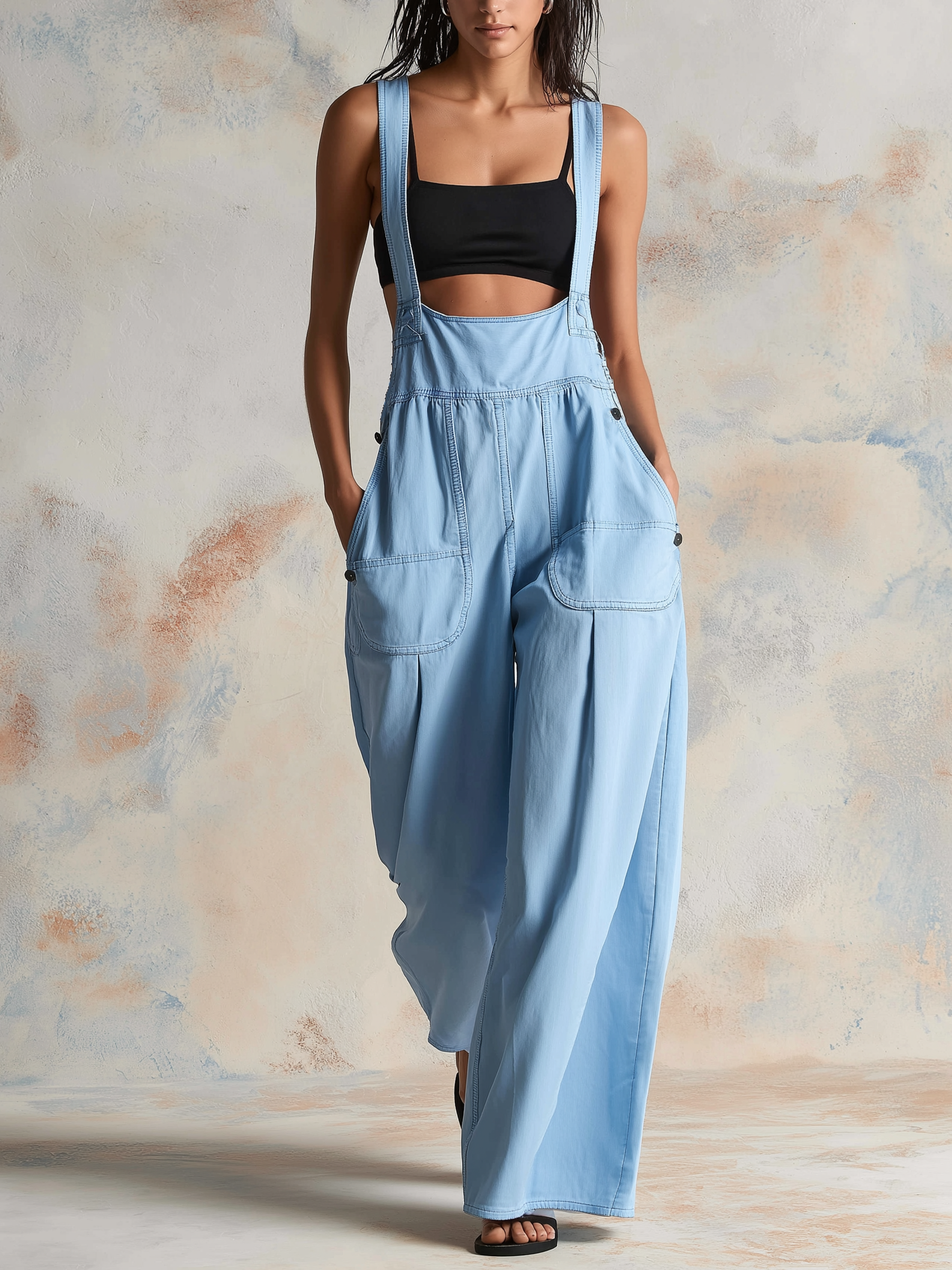 Tencel Denim Utility Wide-Leg Overalls | Casual Relaxed Fit Jumpsuit