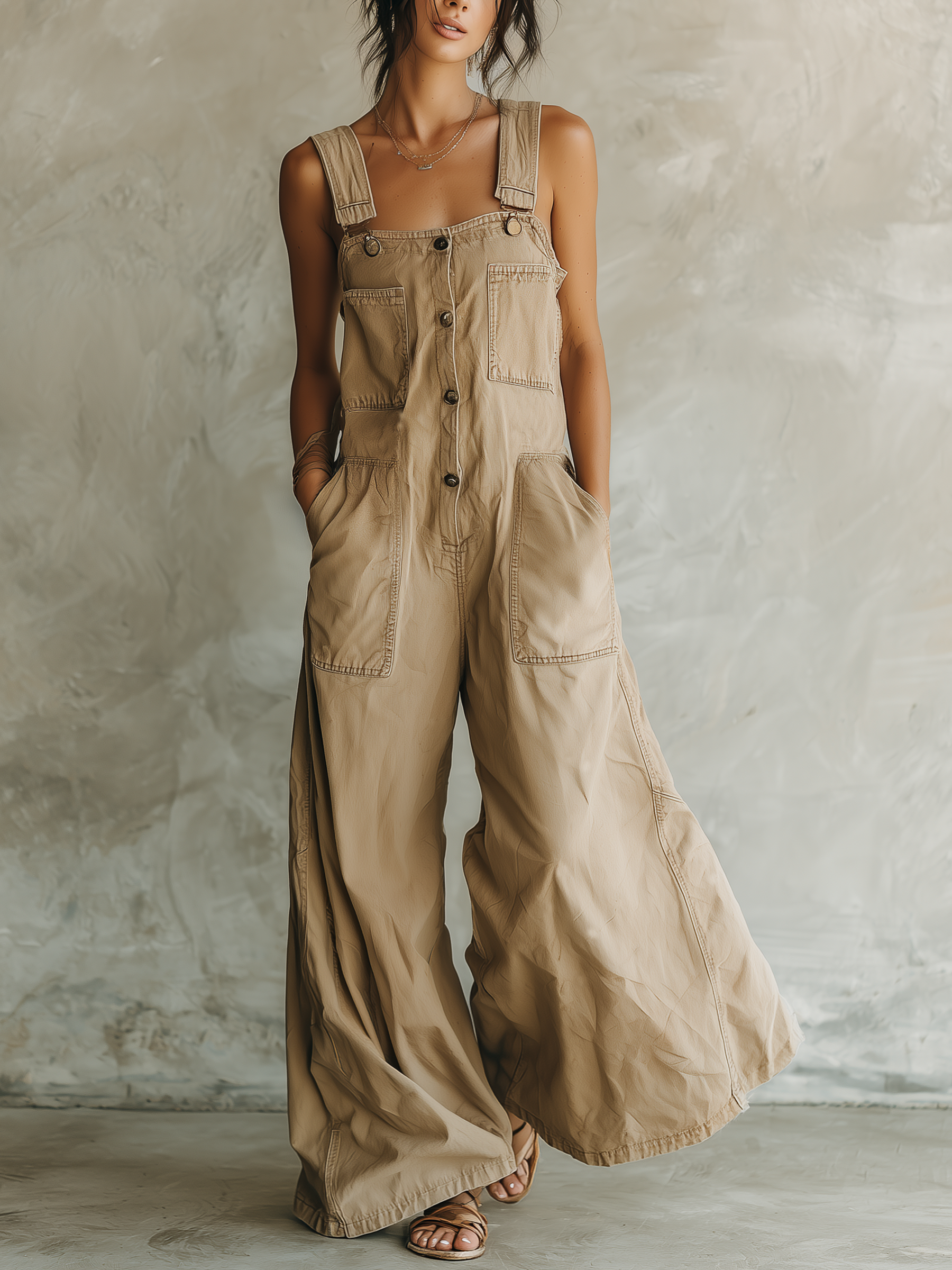 Loose Fit Sleeveless Wide Leg Overalls With Adjustable Straps