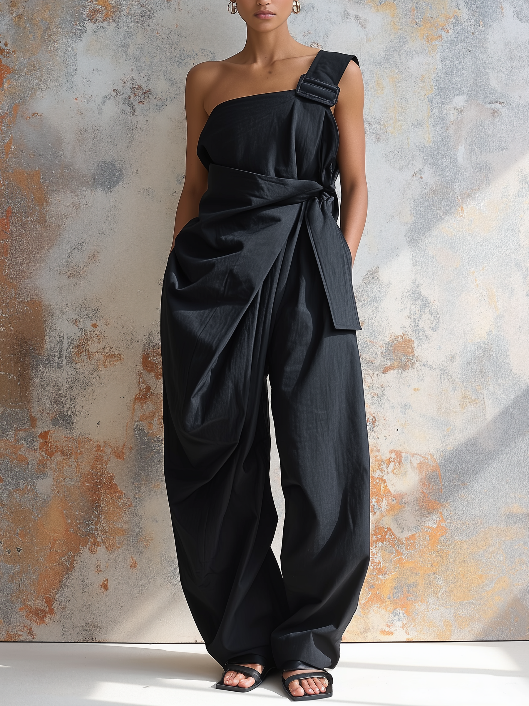 One-Shoulder Wrap Waist Wide-Leg Jumpsuit With Buckle Strap
