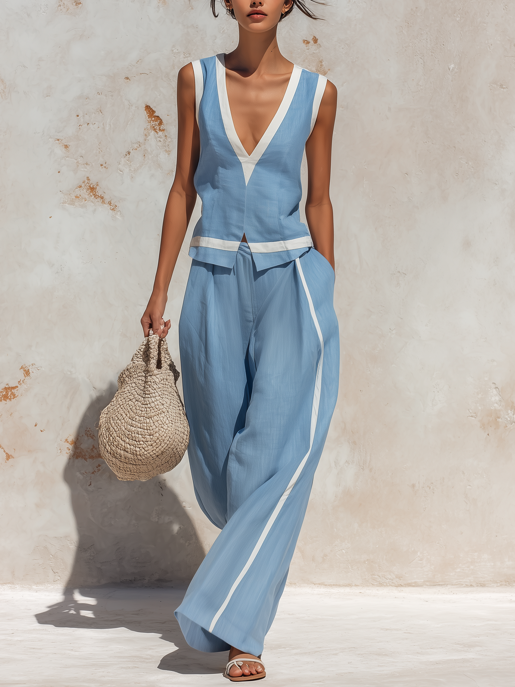 Contrast Trim Casual Linen Set For Summer Vacation