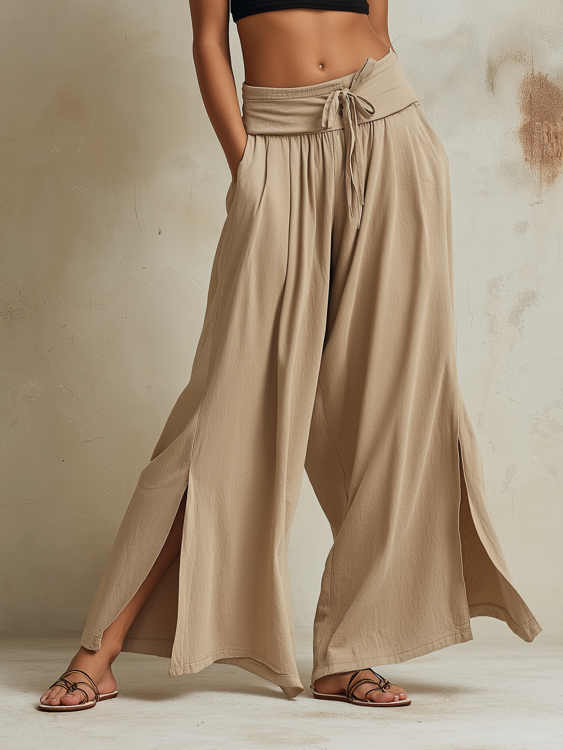High-Waist Wide-Leg Split Pants With Drawstring Waist