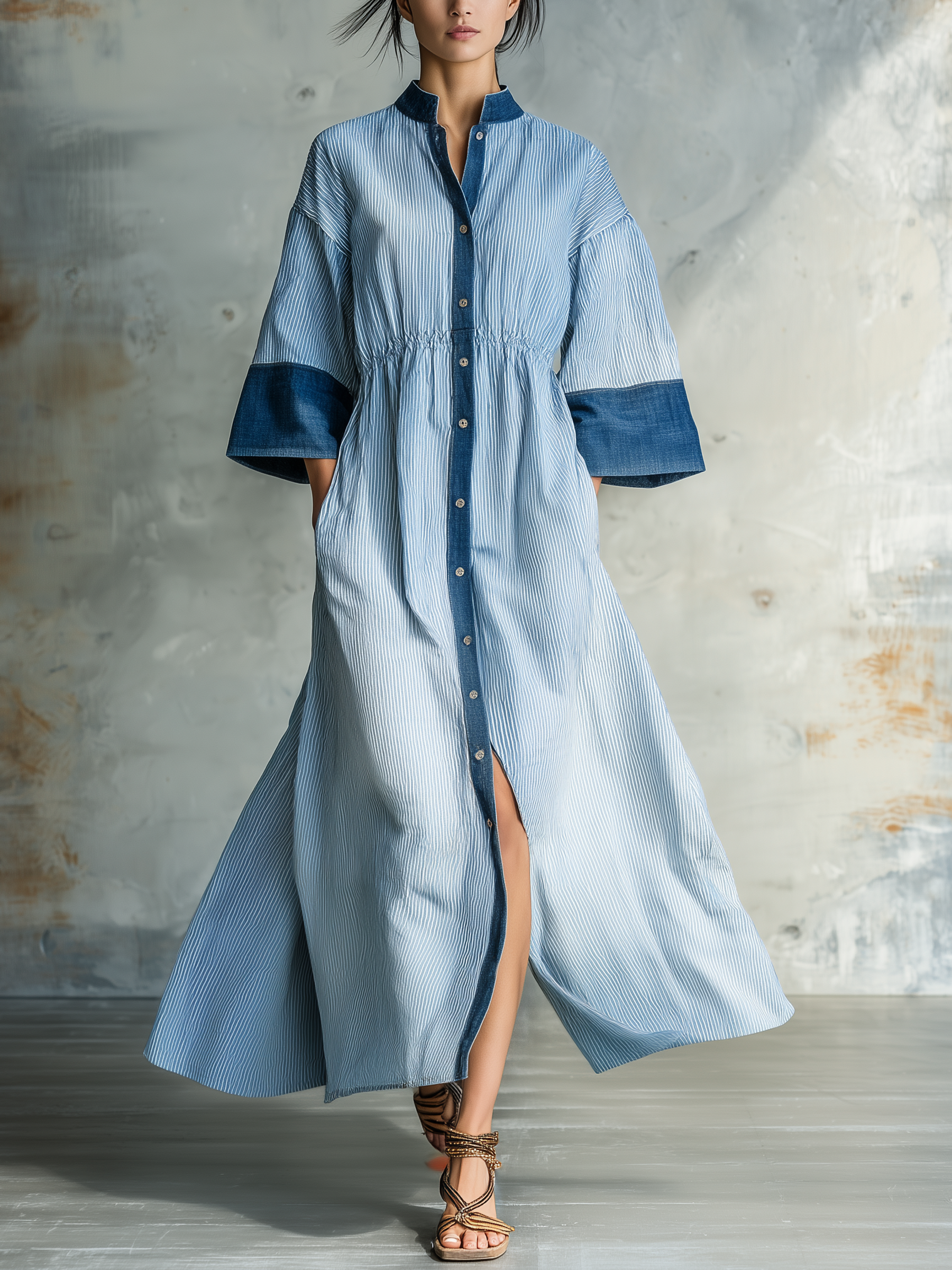 Light Blue Striped Button-Front Maxi Dress With Denim Accents