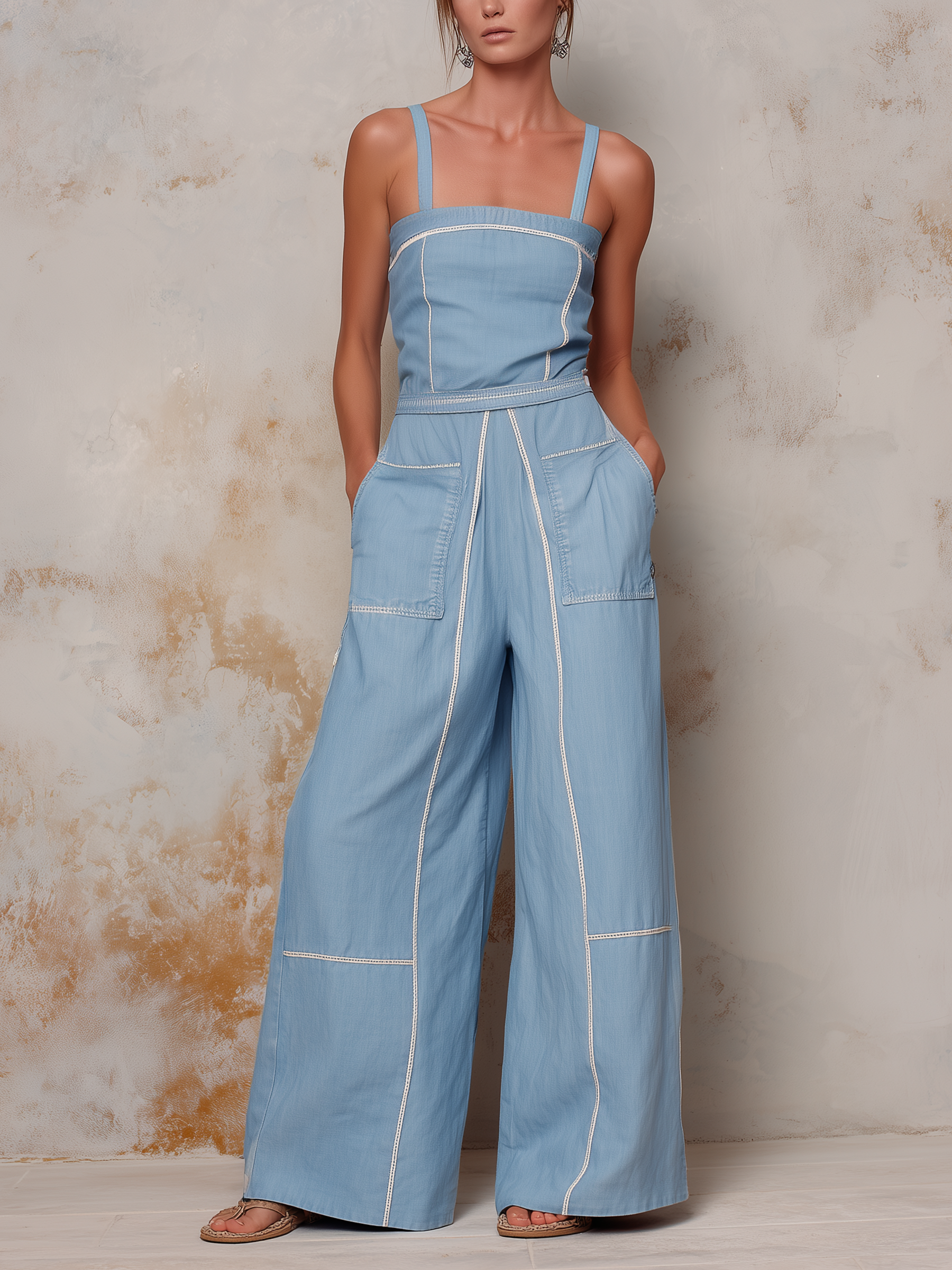 Contrast Stitch Wide-Leg Denim Jumpsuit With Patch Pockets
