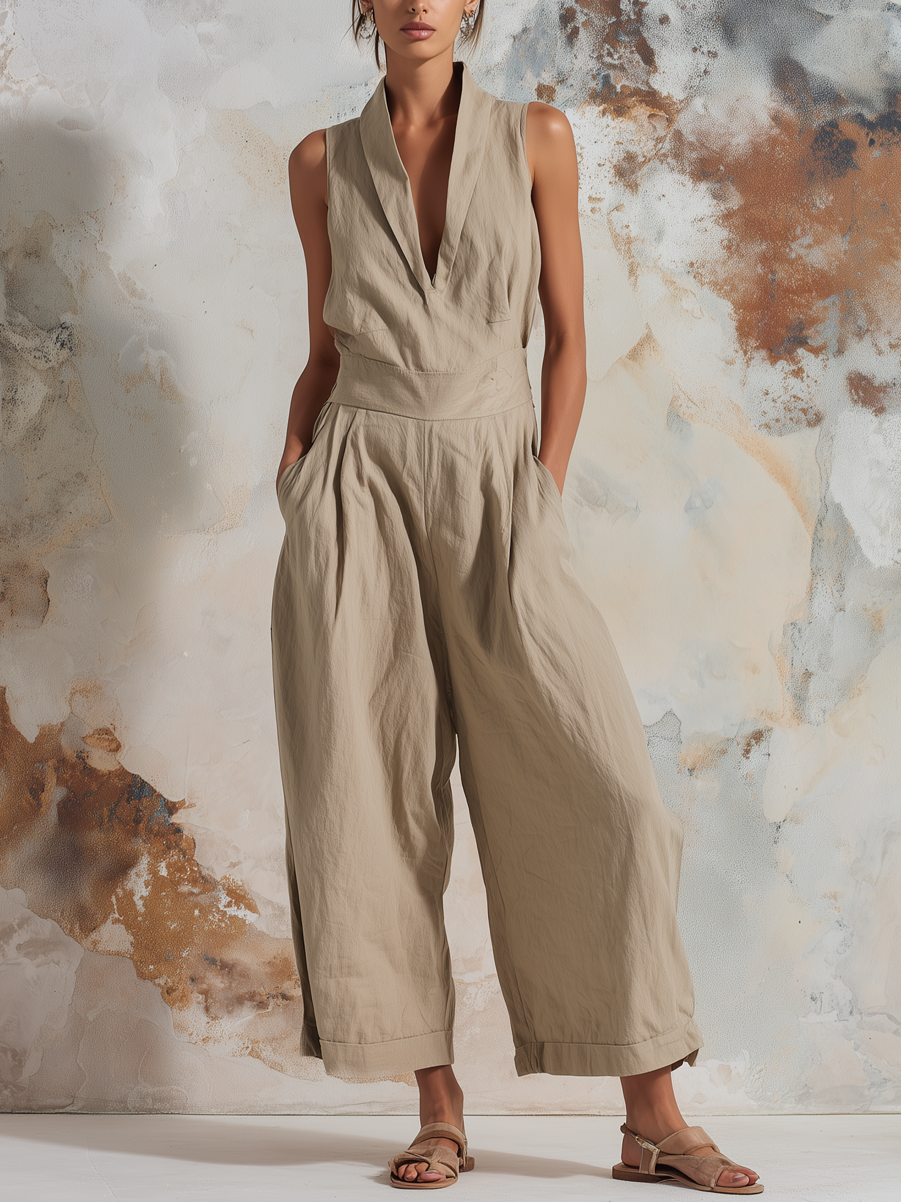 Sleeveless Shawl Collar Wide-Leg Linen Blend Jumpsuit