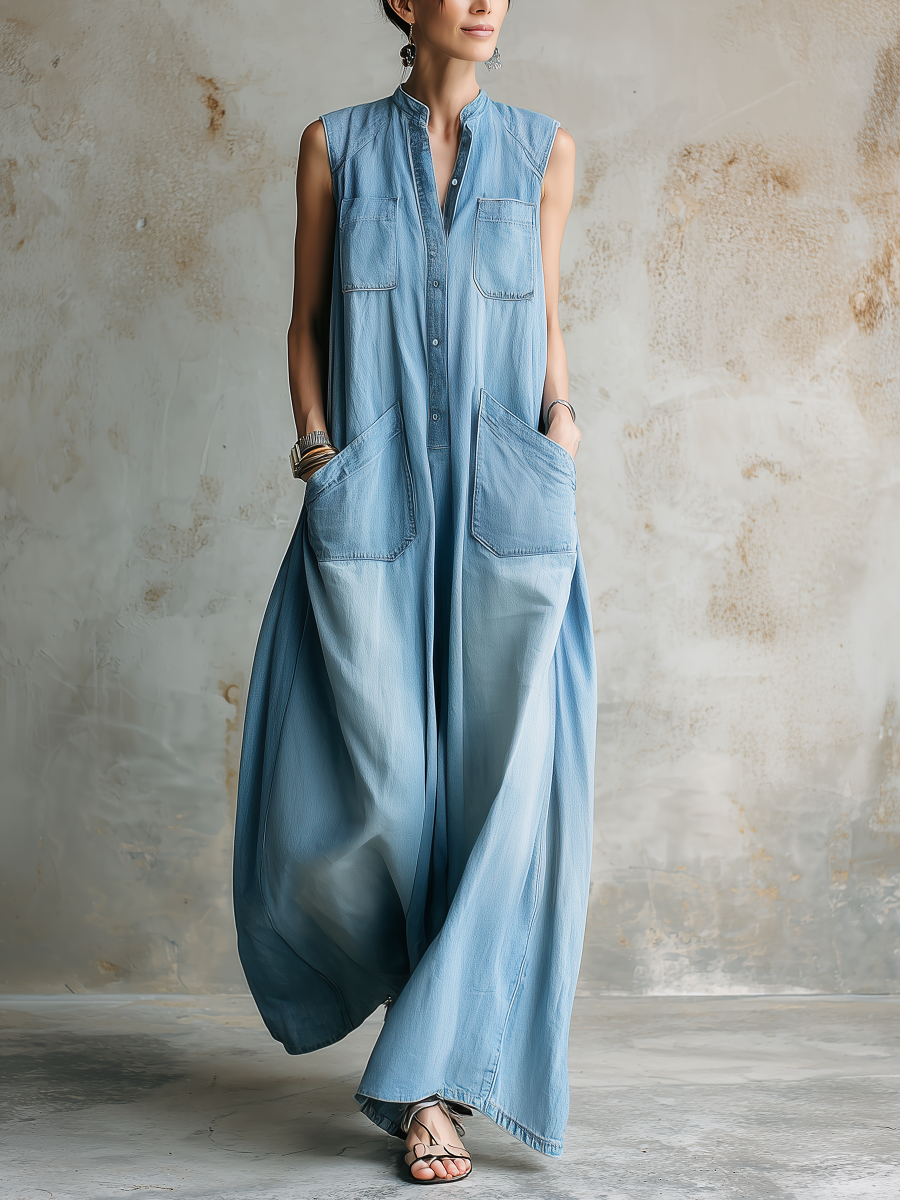 Light Blue Washed Tencel Denim Sleeveless Jumpsuit