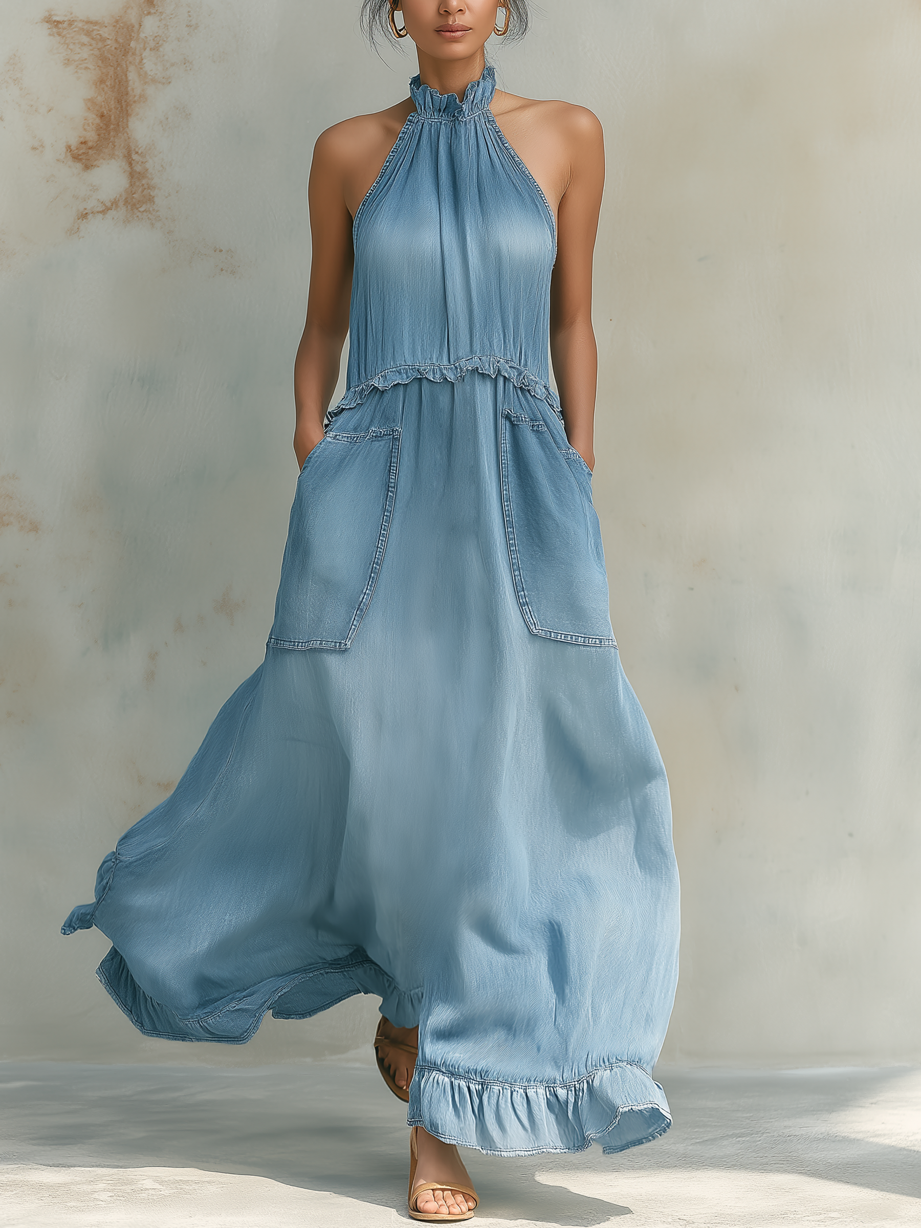 Boho Ruffled Tencel Denim Maxi Dress