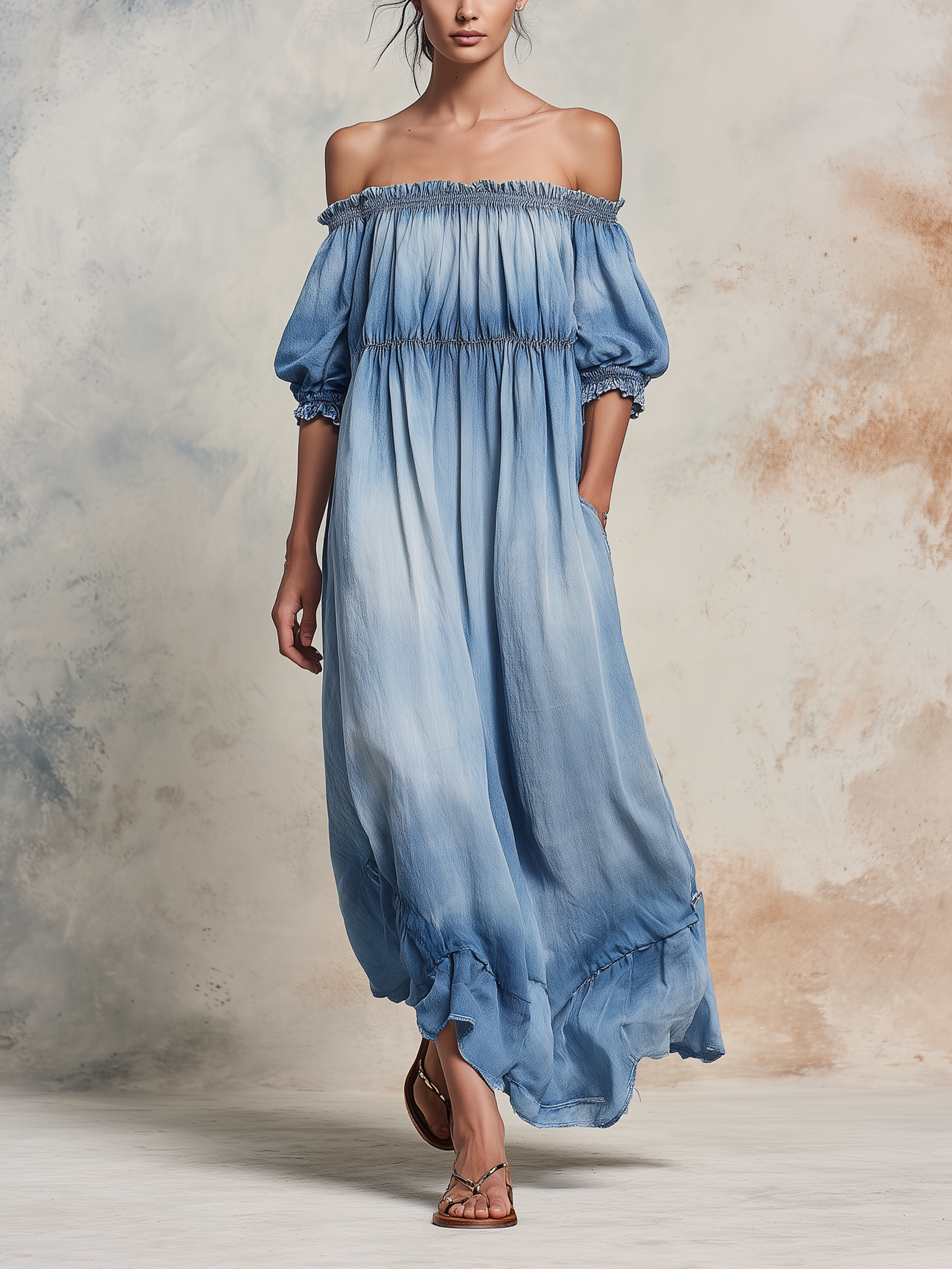 Off-the-Shoulder Tencel Denim Maxi Dress With Ombre Wash