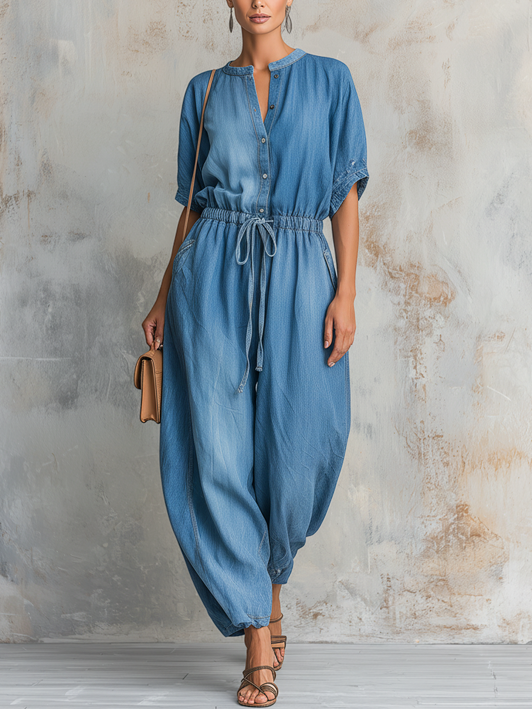 Short Sleeve V-Neck Denim Jumpsuit With Gradient Wash