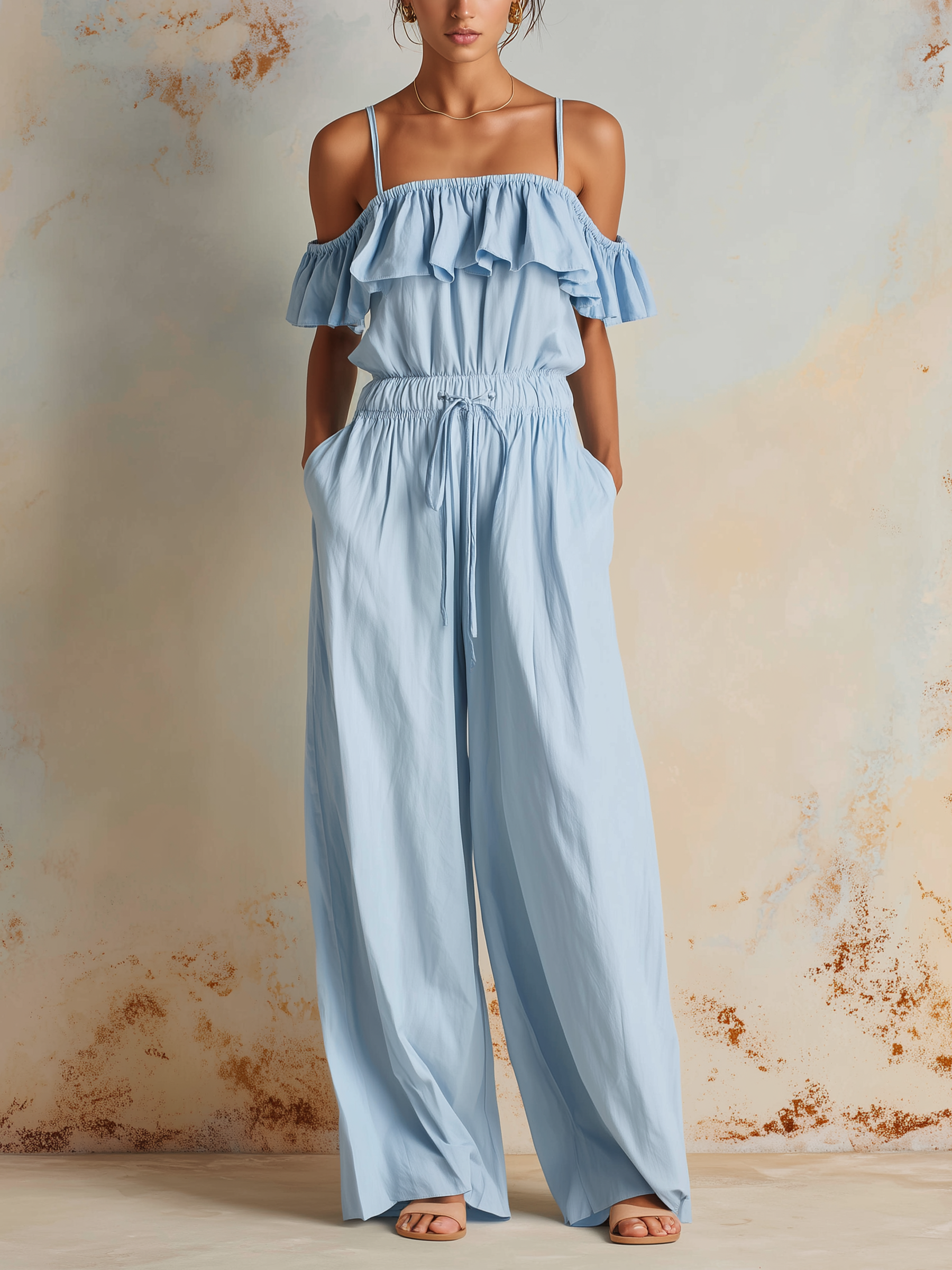Off-the-Shoulder Ruffled Spaghetti Strap Wide-Leg Jumpsuit