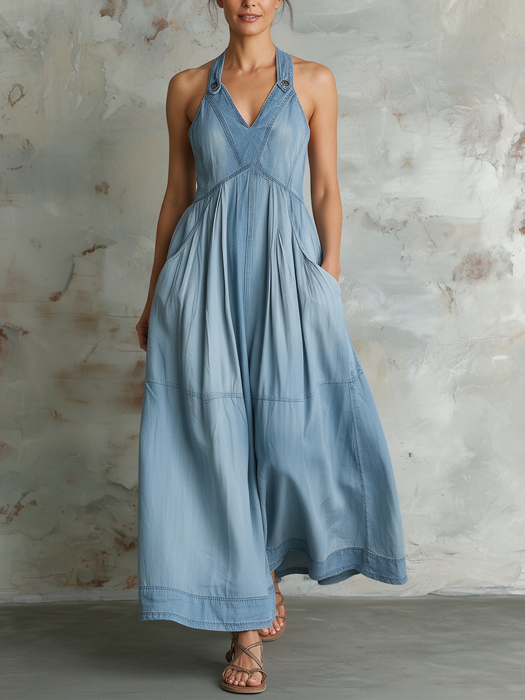 Gradient Denim Sleeveless Halter Dress