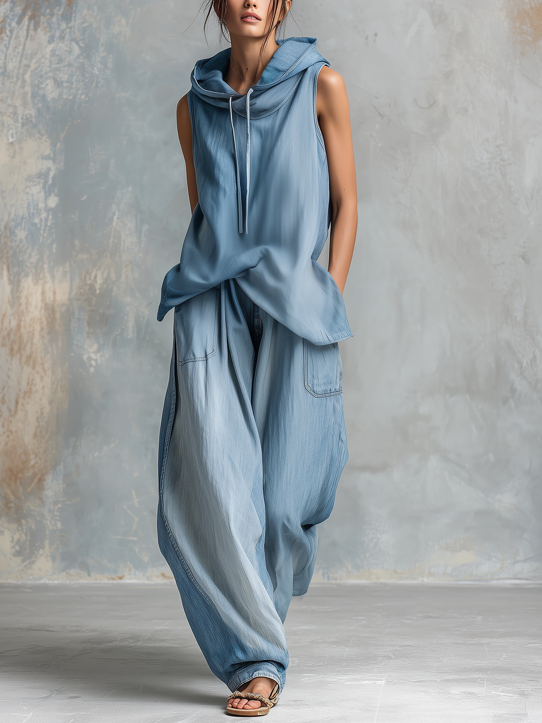 Light Blue Washed Tencel Denim Two-Piece Set – Hooded Top & Baggy Pants