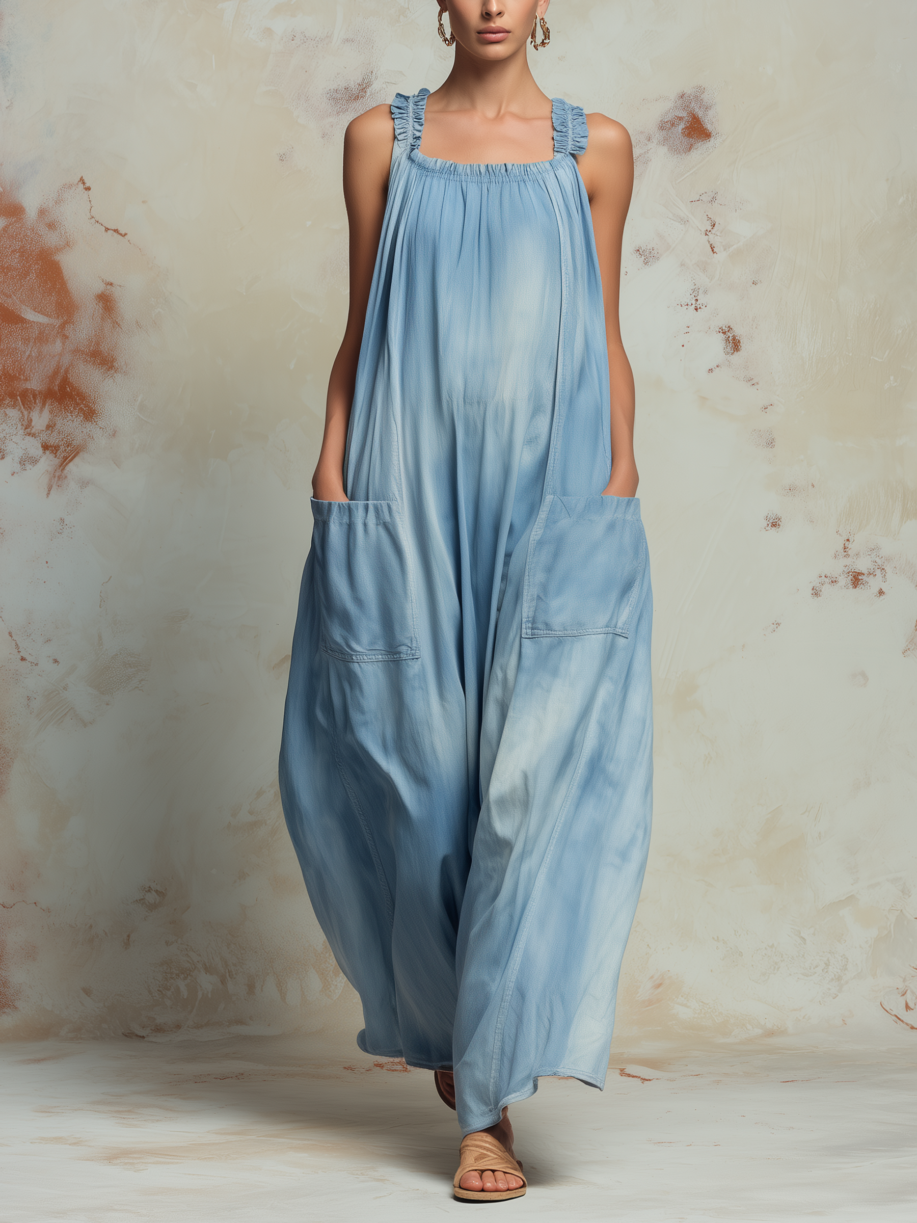 Ruffled Strap Wide-Leg Denim Jumpsuit With Patch Pockets