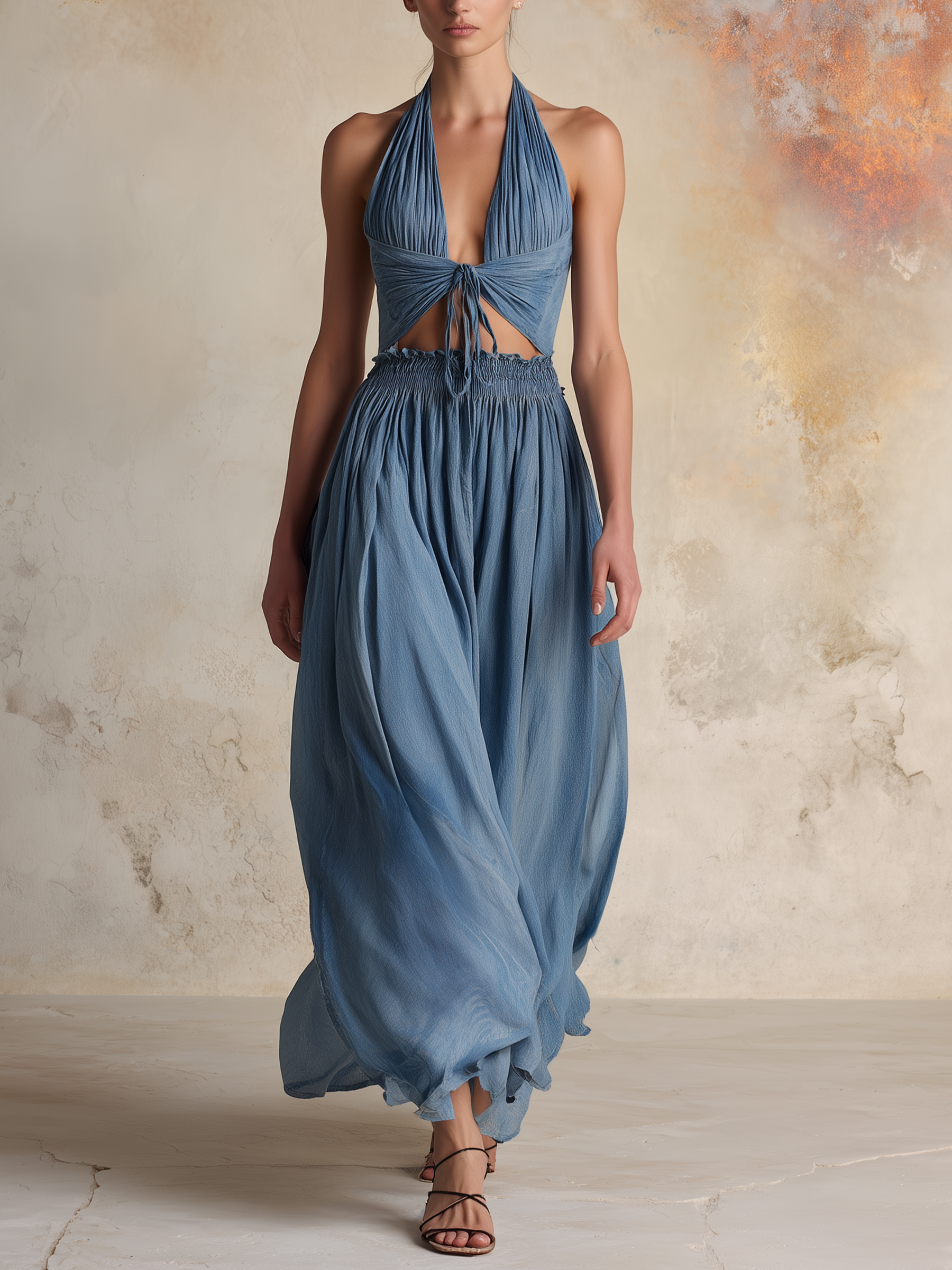 Halter Neck Cutout Flowy Maxi Dress