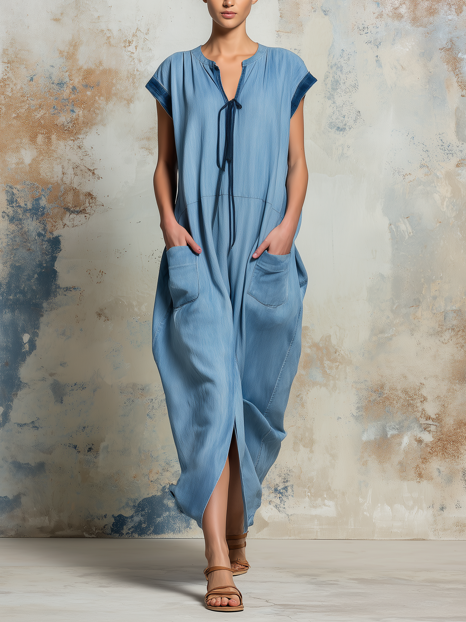 Tencel Denim Cap Sleeve Maxi Dress With Tie Neck