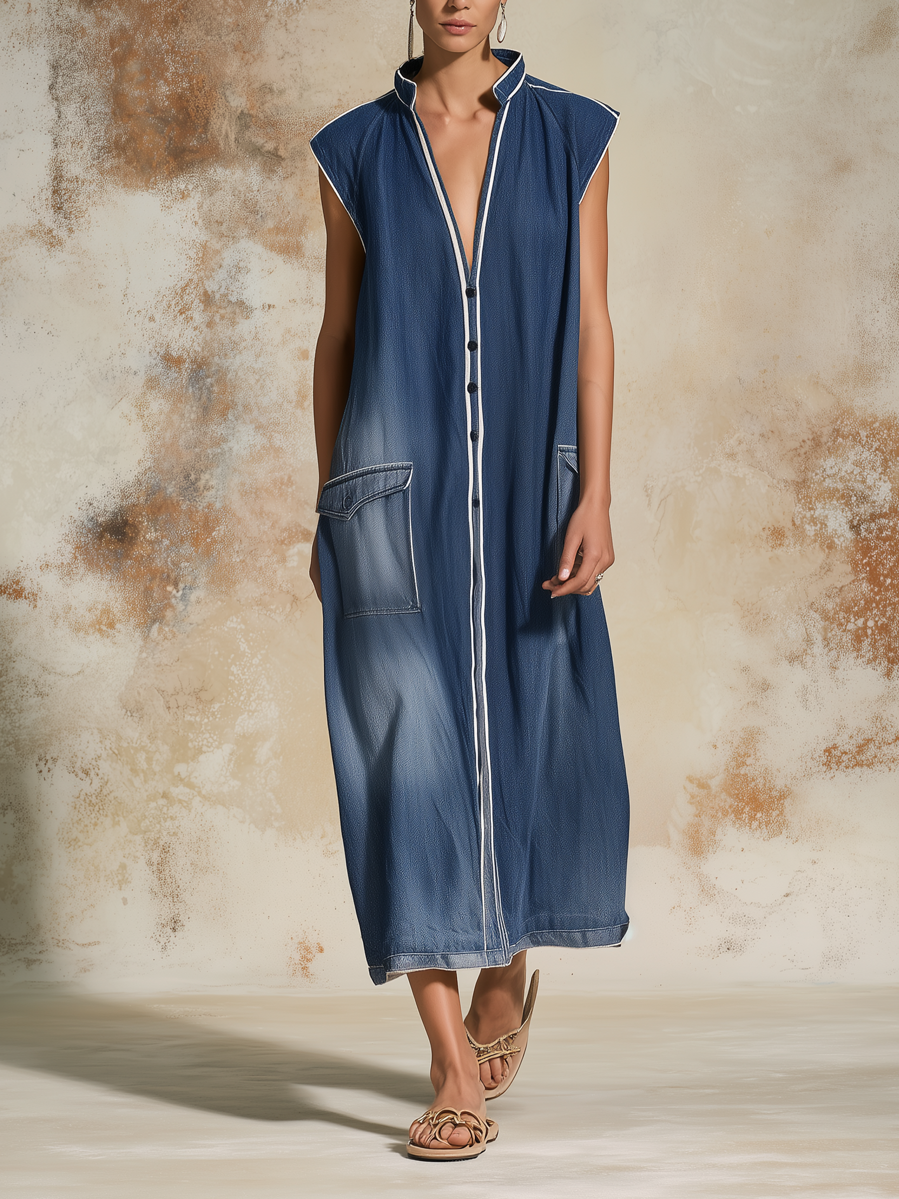 Sleeveless Stand Collar Denim Midi Dress With Button Placket