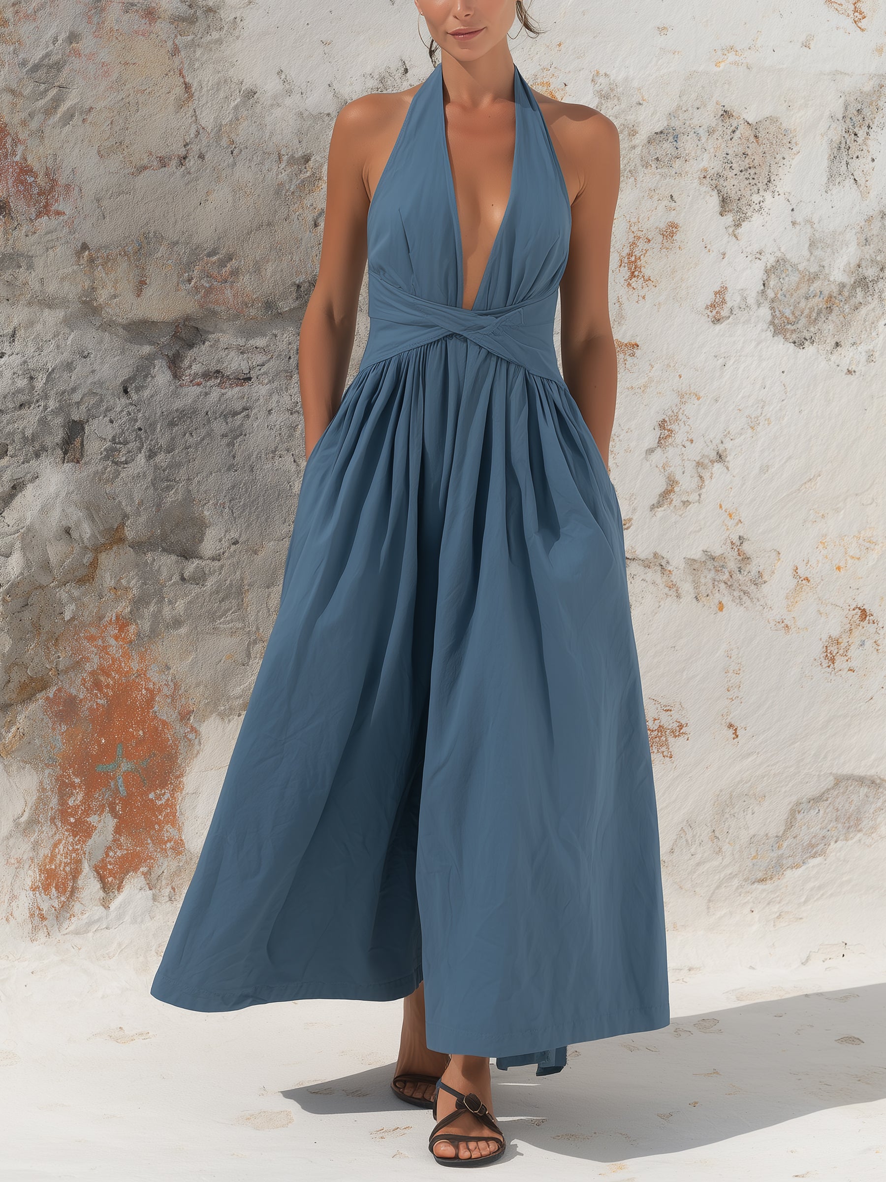 Halter Neck Wrap Waist Denim Maxi Dress With Pockets