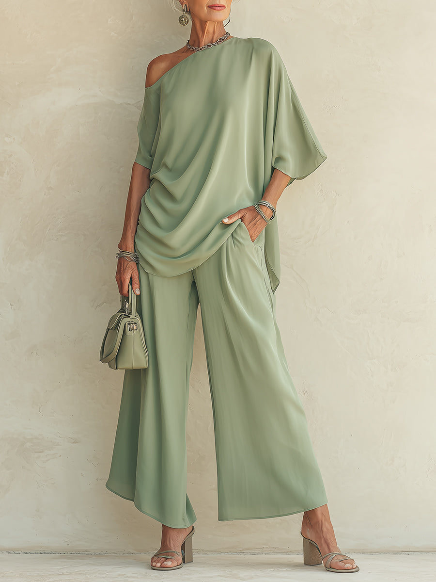 Chic Chiffon One-Shoulder Blouse & Wide-Leg Pants Set