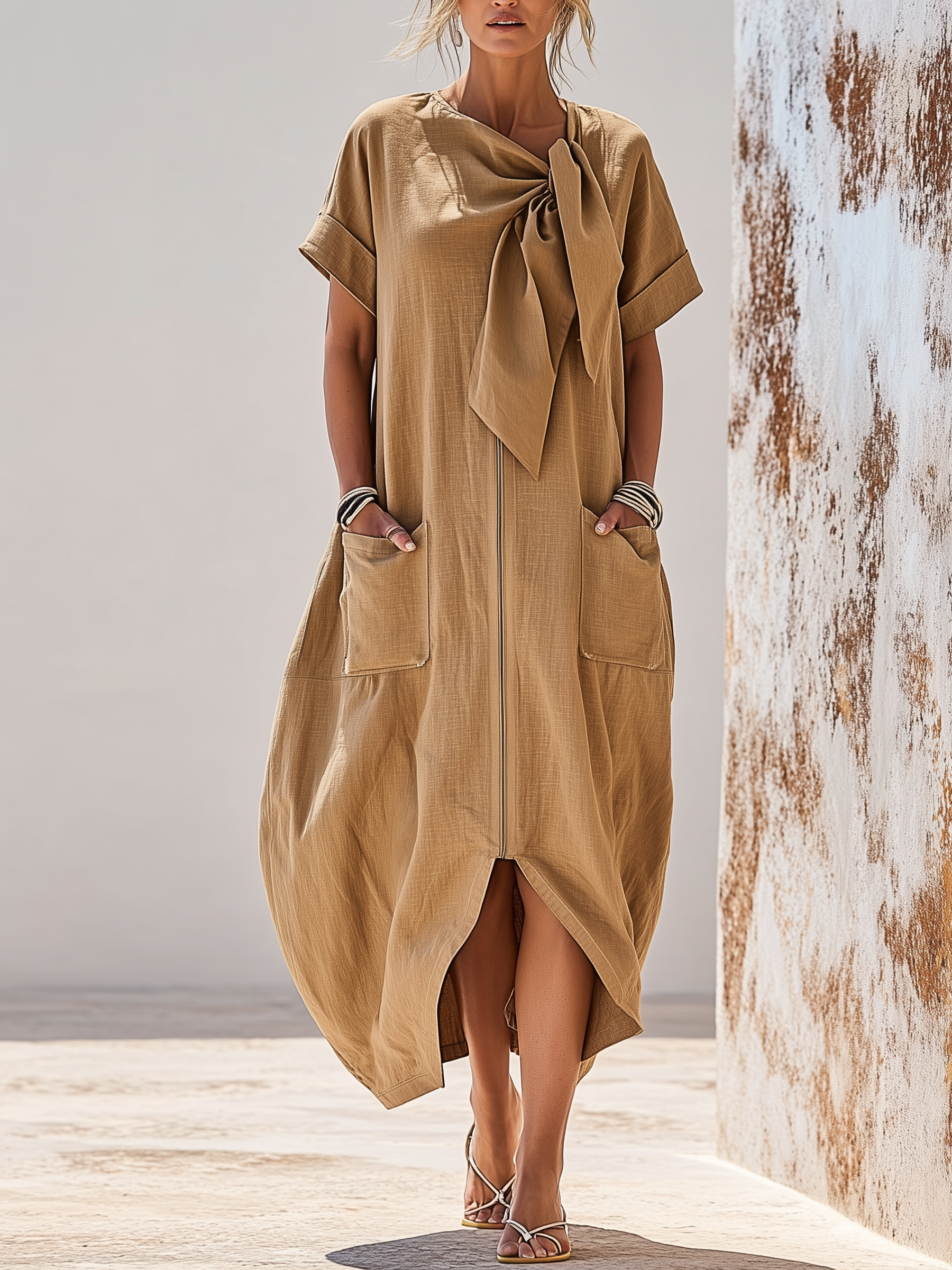 Bow Neck Cocoon Linen Maxi Dress With Zipper Front