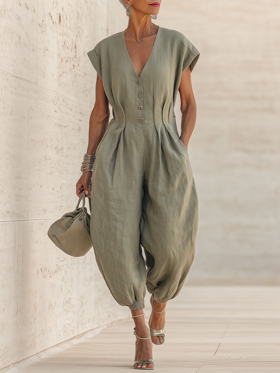 Cotton-Linen Batwing-Sleeve Harem Jumpsuit