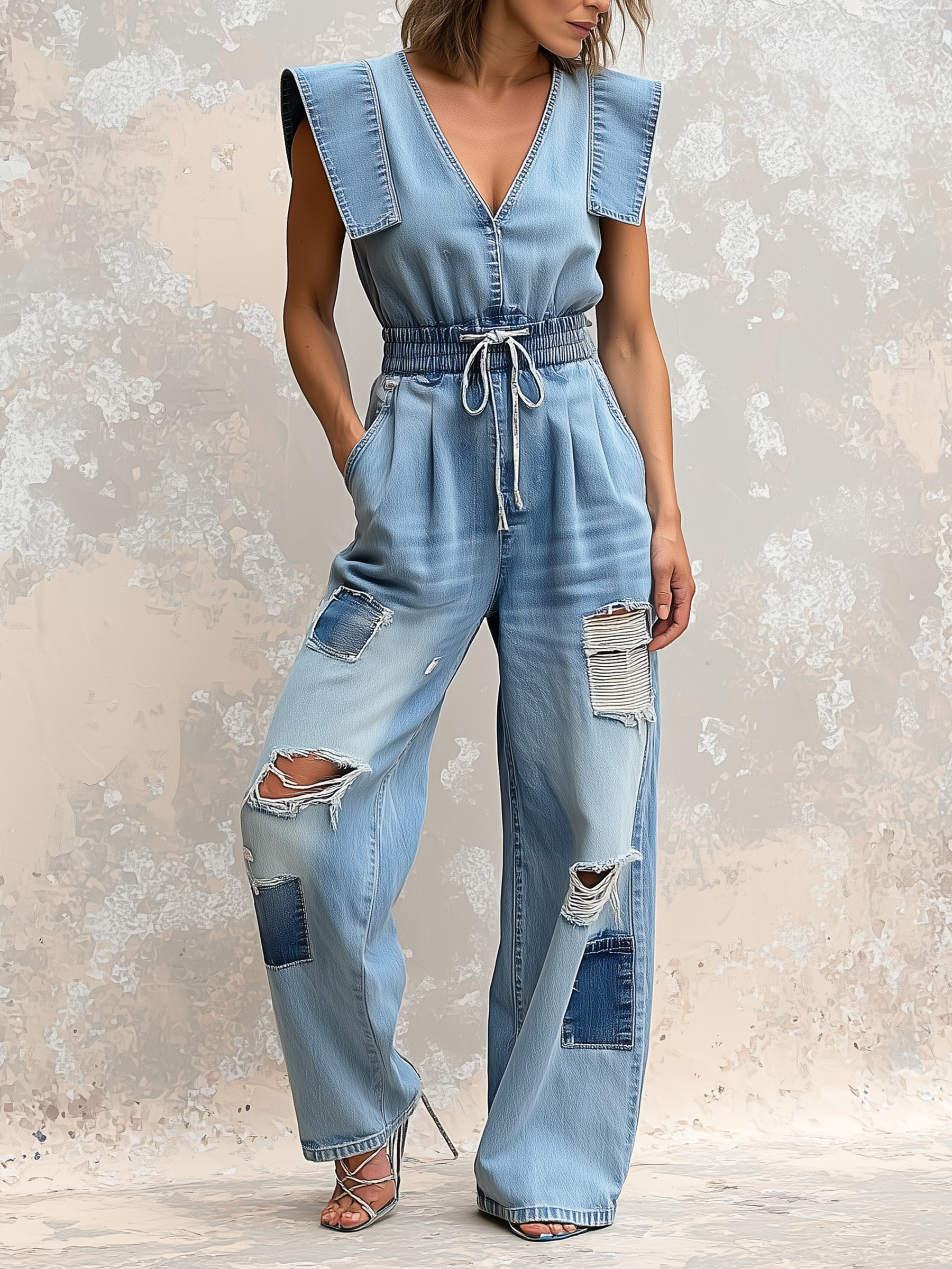 Structured Shoulder Distressed Denim Jumpsuit With Drawstring Waist