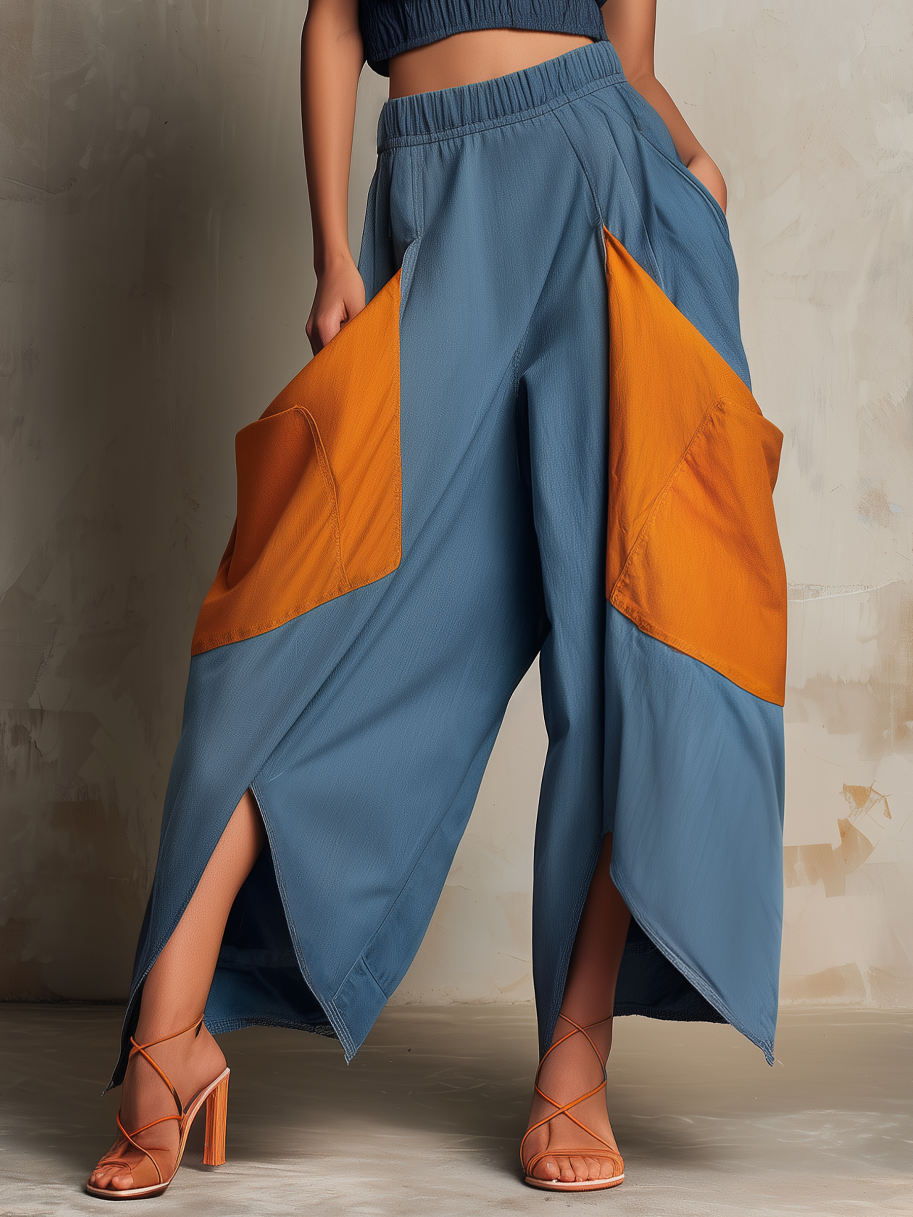 Color Block Wide-Leg Denim Pants With Slit Hem