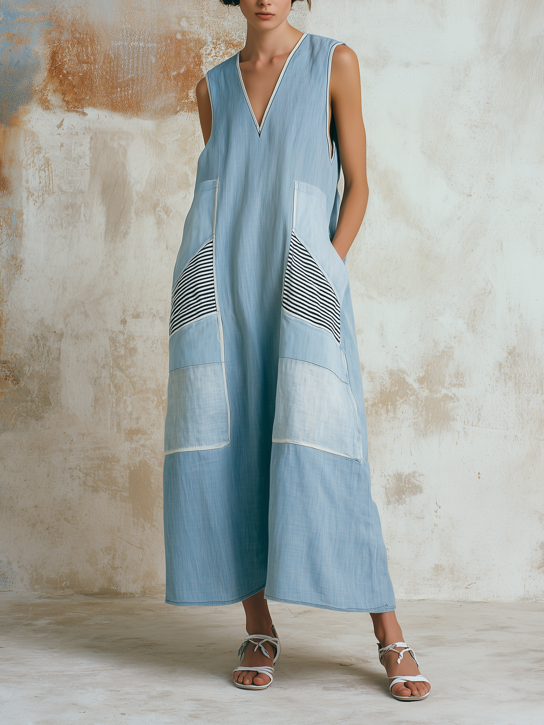 Patchwork Stripe Pocket V-Neck Denim Maxi Dress