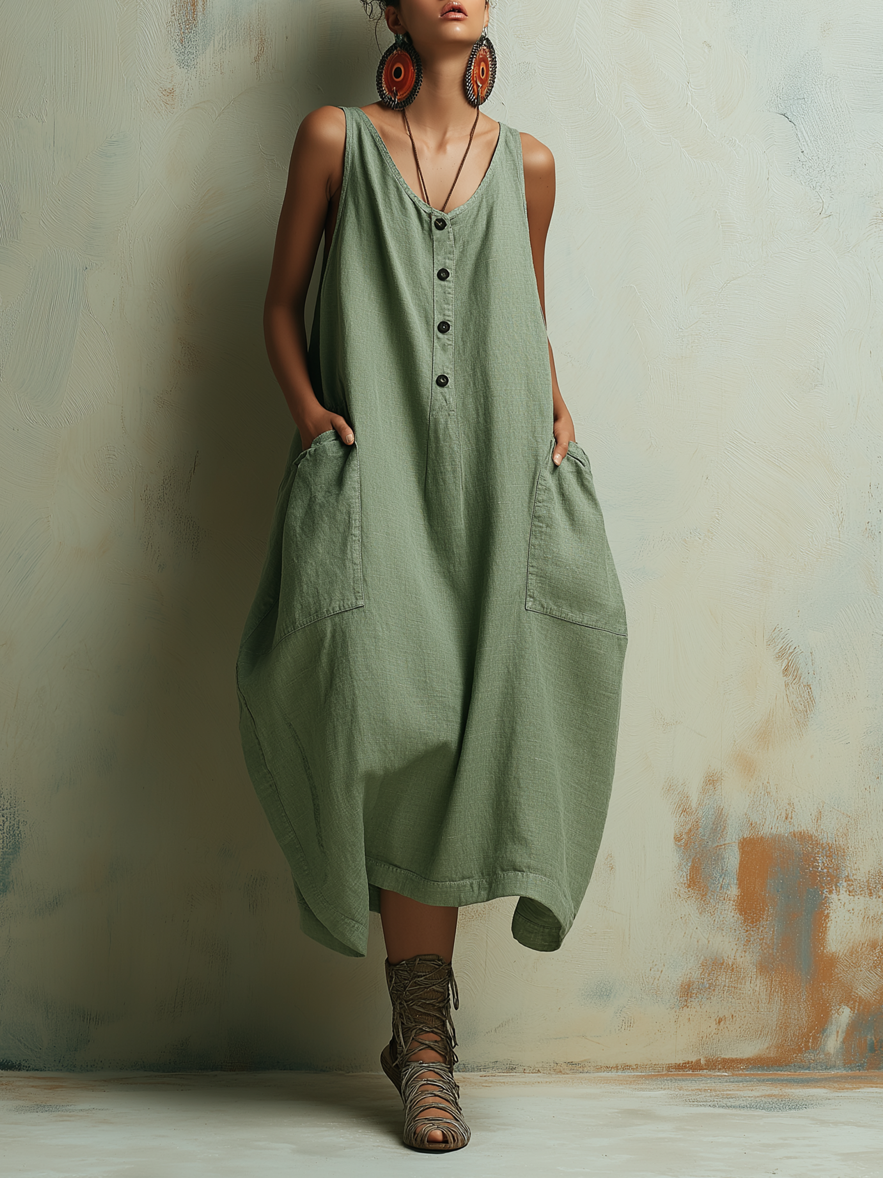 Sleeveless Button-Front Linen-Blend Cocoon Dress With Pockets