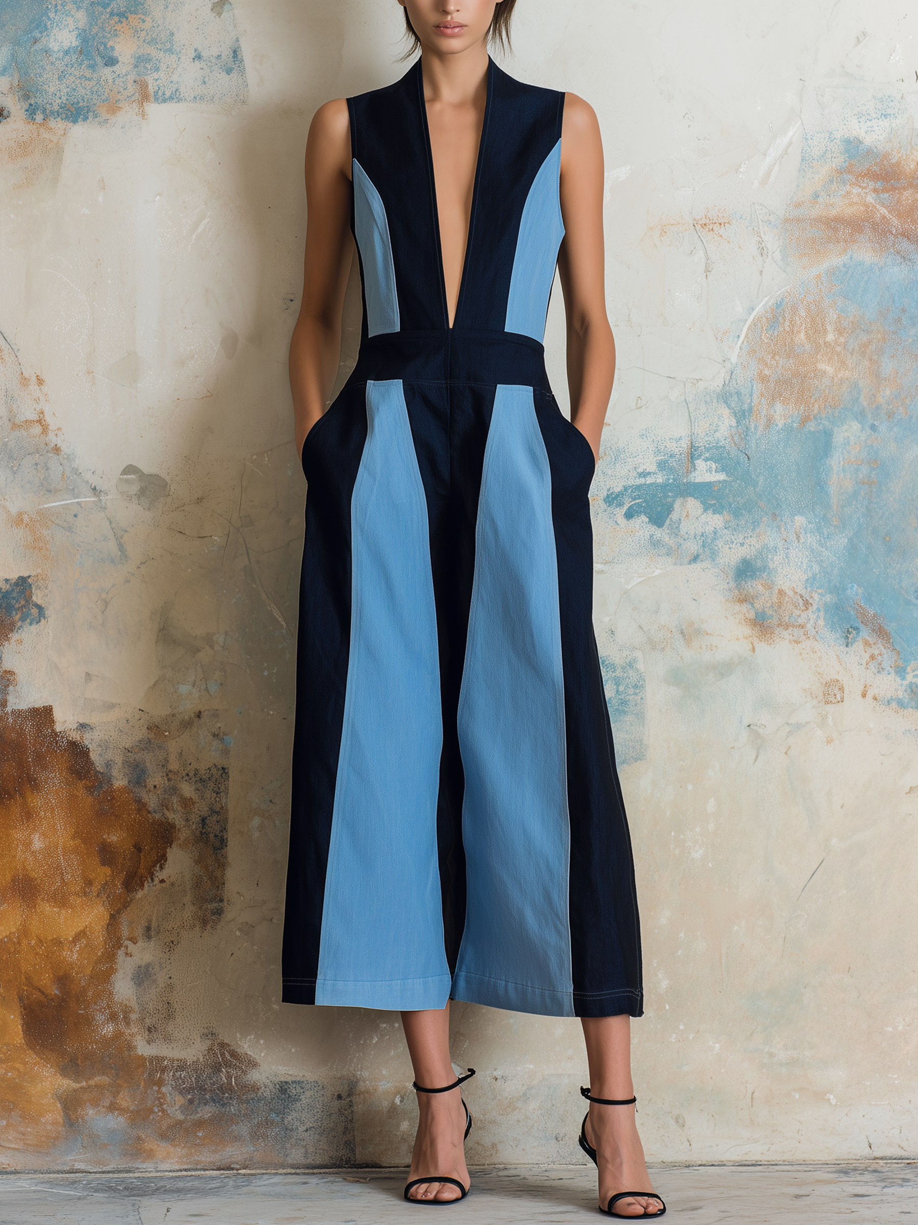 Color Block Sleeveless Denim Culotte Jumpsuit