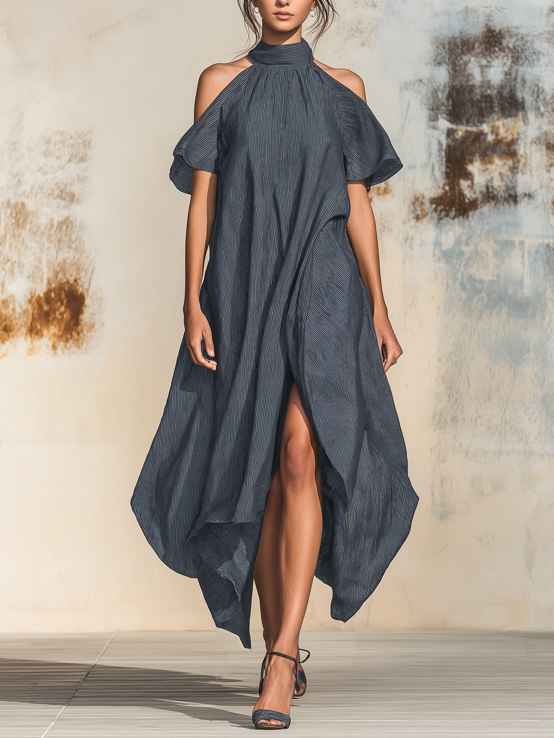 Cold-Shoulder Halter Neck Striped Maxi Dress