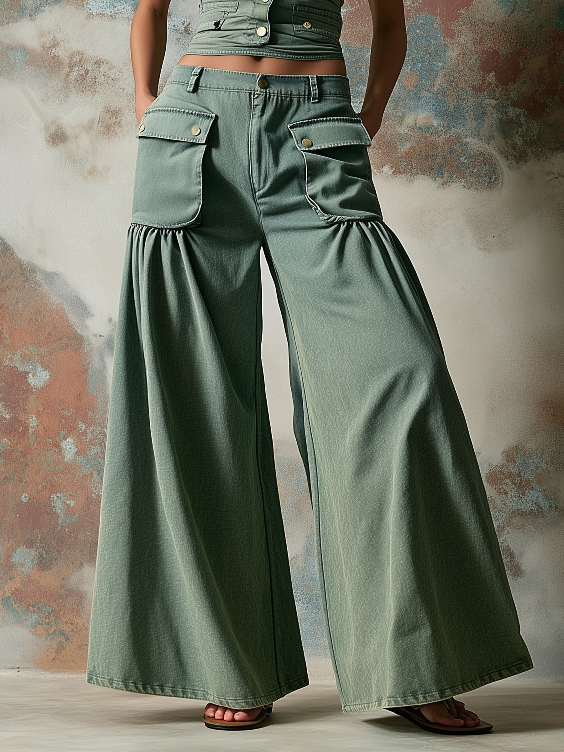 Oversized Pocket Wide-Leg Denim Pants