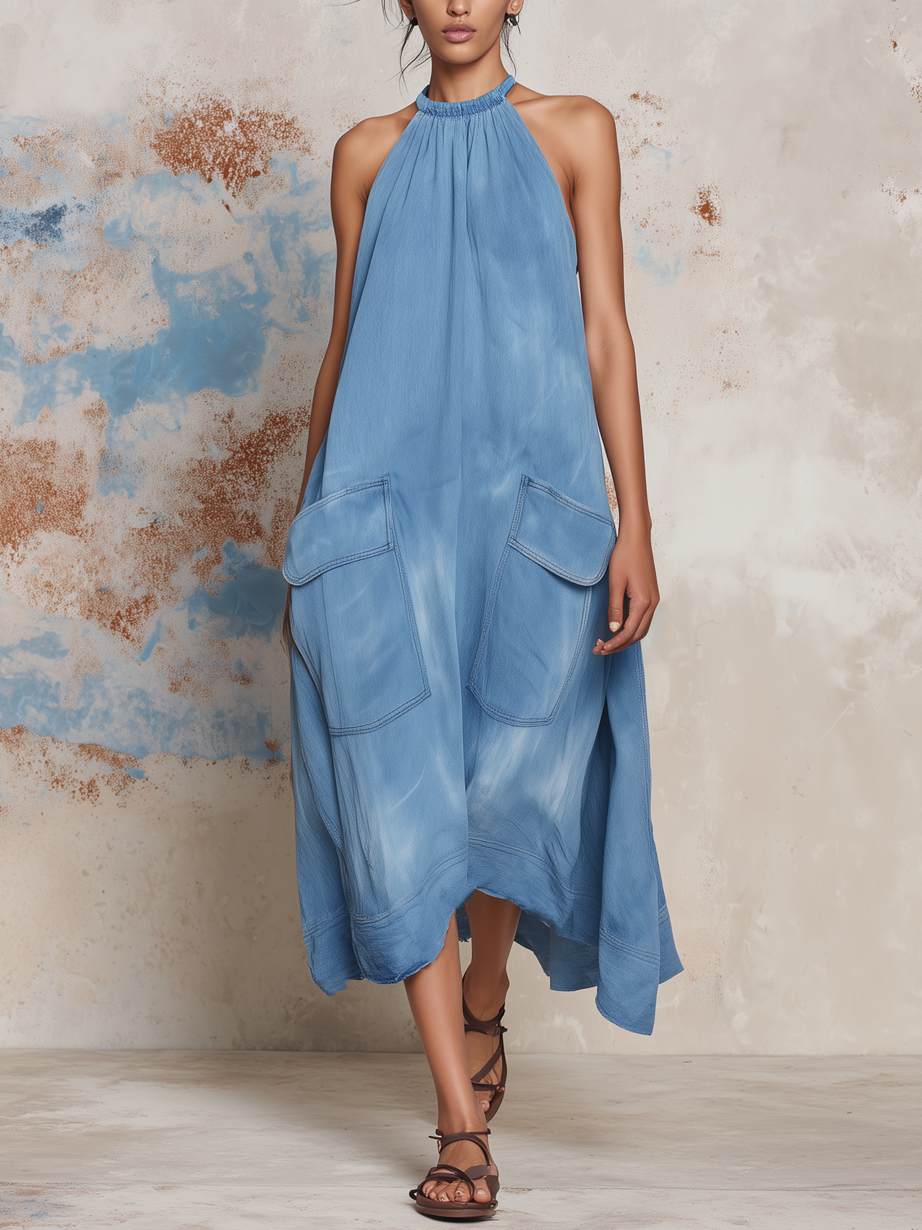 Halter Neck Patch Pocket Denim Midi Dress