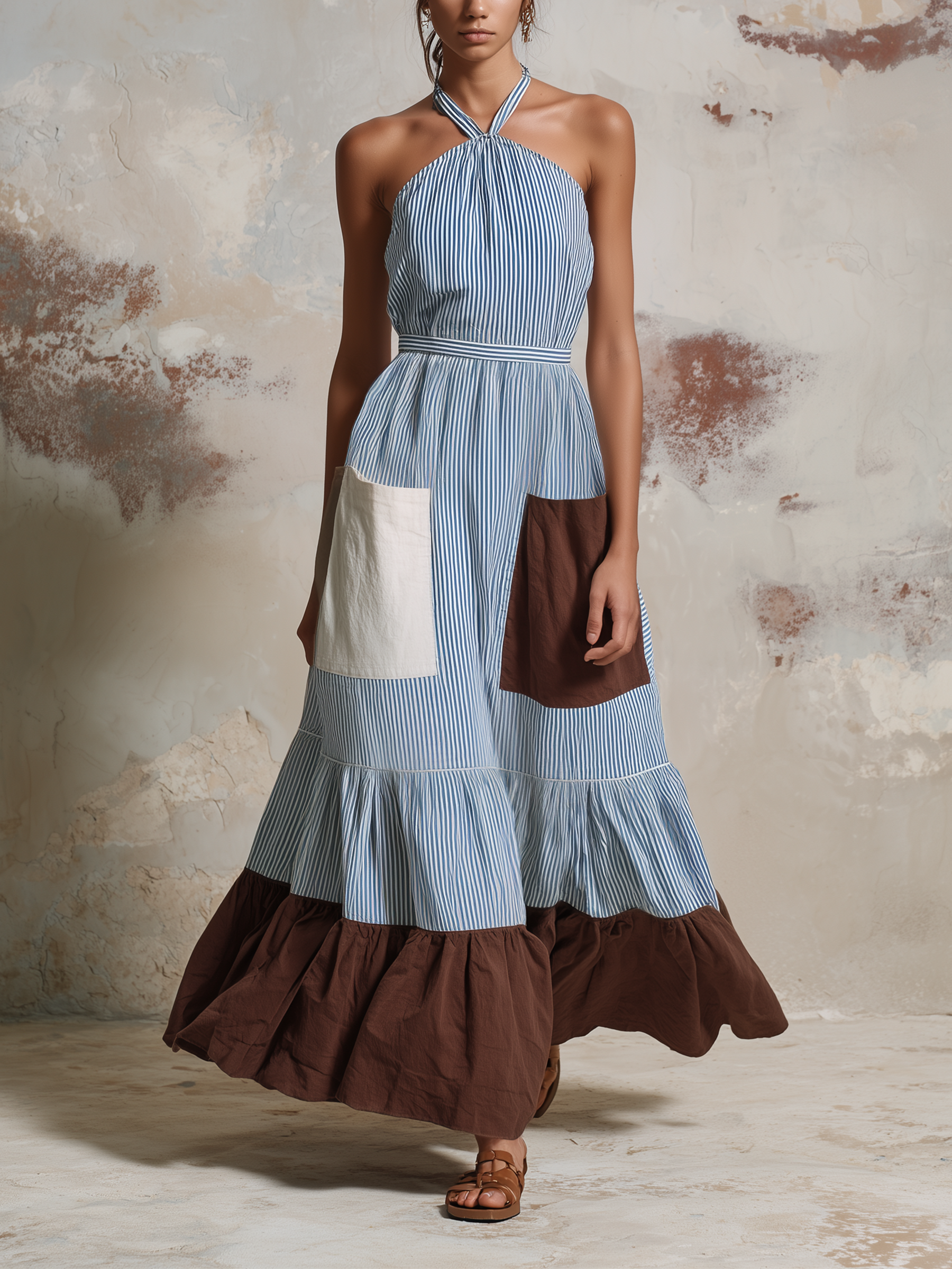 Halter Neck Patchwork Tiered Maxi Dress