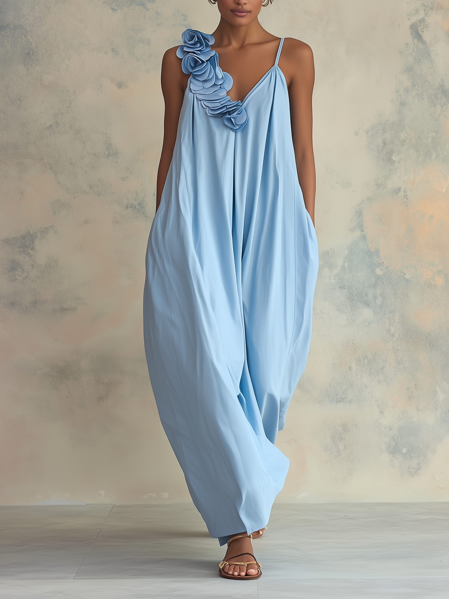 Sky Blue Floral Applique Loose Maxi Dress