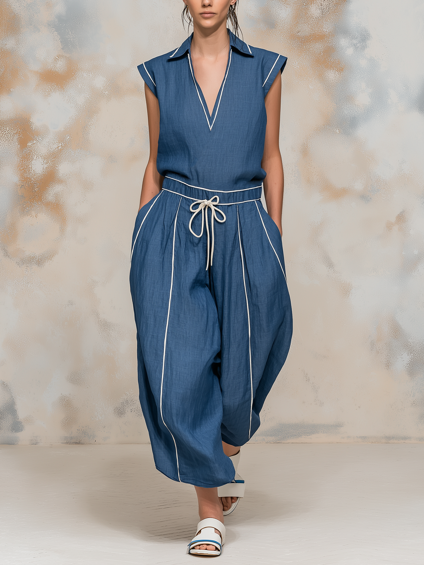Tencel Denim Contrast Piping Wide-Leg Jumpsuit
