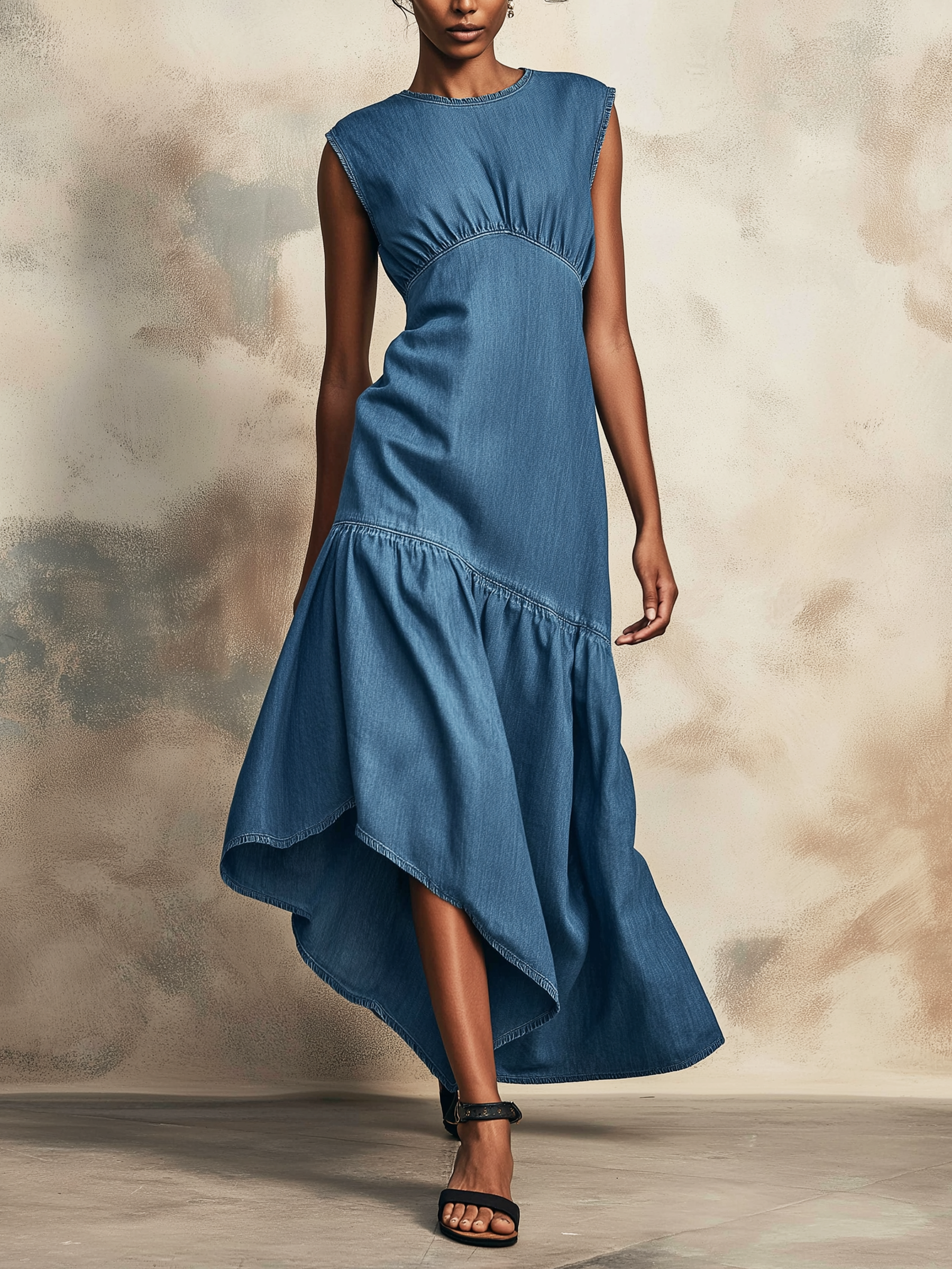 Tencel Denim Asymmetric Ruffled Maxi Dress