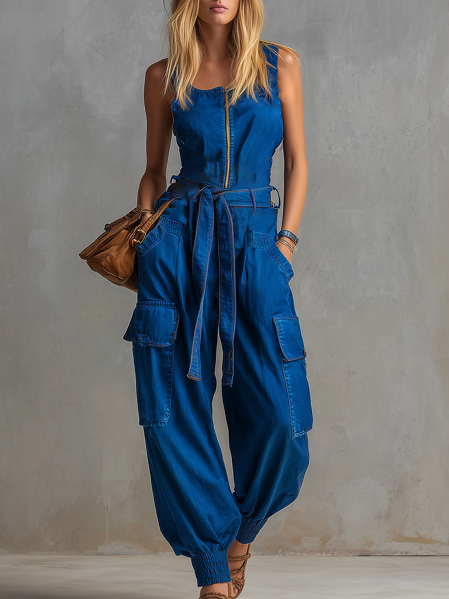 Edgy & Casual Bright Blue Denim Multi-Pocket Jumpsuit