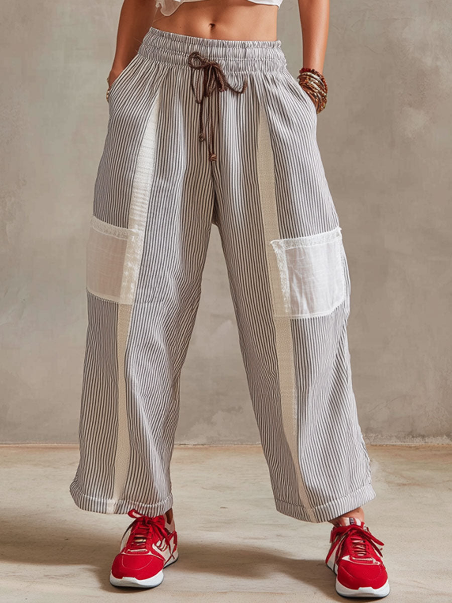 Casual Retro Black And White Striped Cotton And Linen Pants