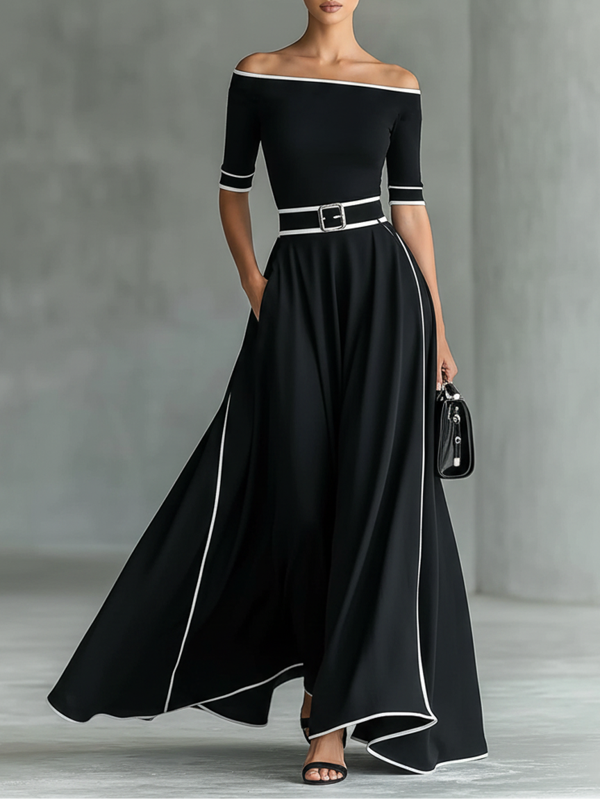 Women's Minimalist & Elegant White-Trimmed Off-the-Shoulder Top And Skirt Set MDZ2946E9Y