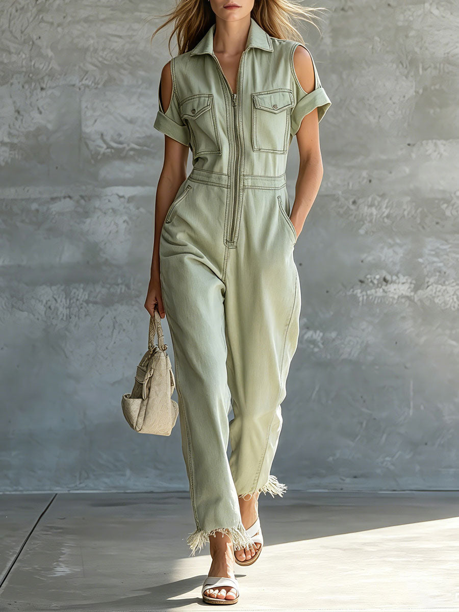 Retro Green Short-sleeved Off-shoulder Collared Denim Jumpsuit