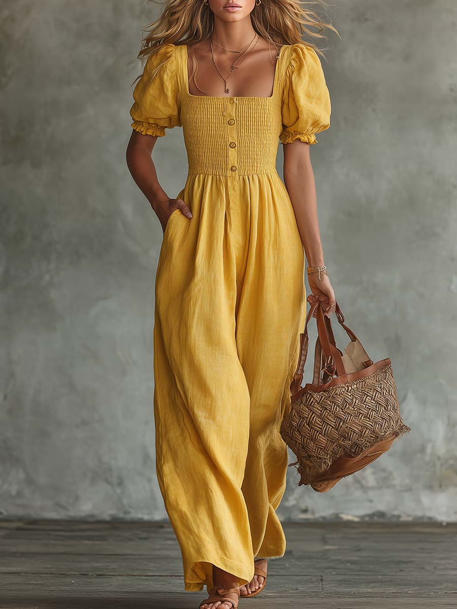 Women's Smocked Bodice Puff Sleeve Linen Blend Jumpsuit