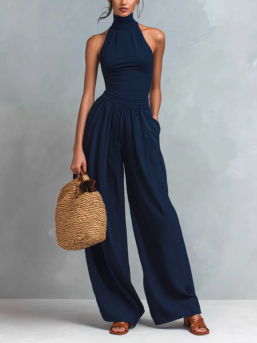 Women's Cotton-Blend Sleeveless High-Neck Slim-Fit Wide-Leg Jumpsuit In Dark Blue MDZ0270F1ZJW