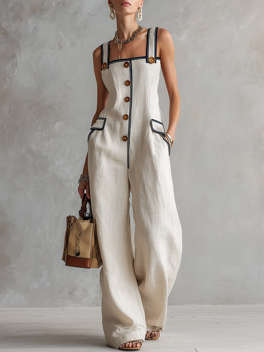 Retro-Elegant Piped Off-White Cotton-Linen Jumpsuit