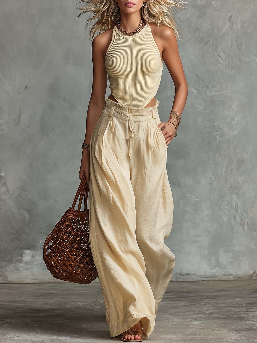 Elegant Casual Light Yellow Knitted Top And Cotton-Linen Wide-Leg Pants Set