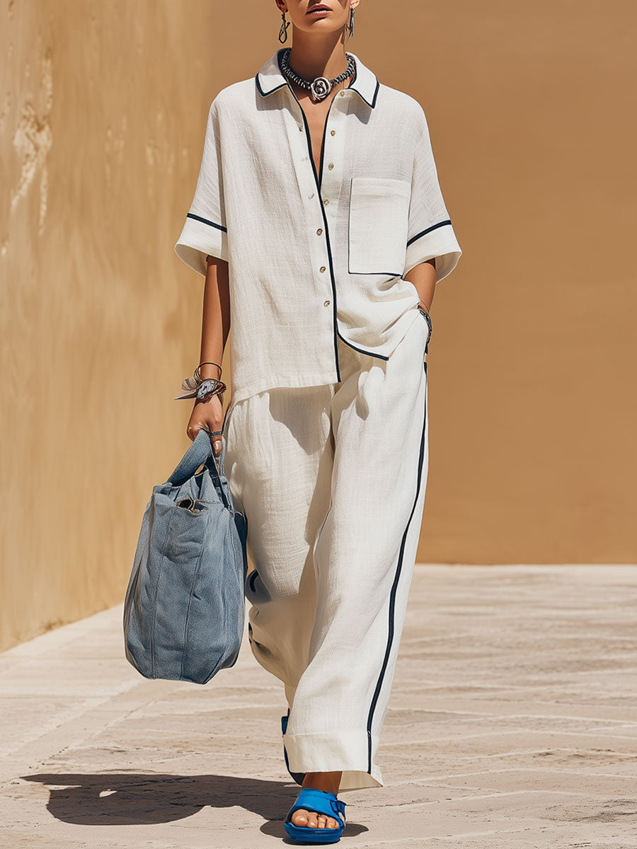 Casual Retro Black-trimmed White Cotton Linen Short-sleeved Shirt And Pants Set